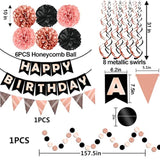 Rose Gold Black Theme Happy Birthday Banner Flag Bunting Paper Circle Confetti Garland Swirl Streamers Honeycomb Ball For Birthday Party Decoration
