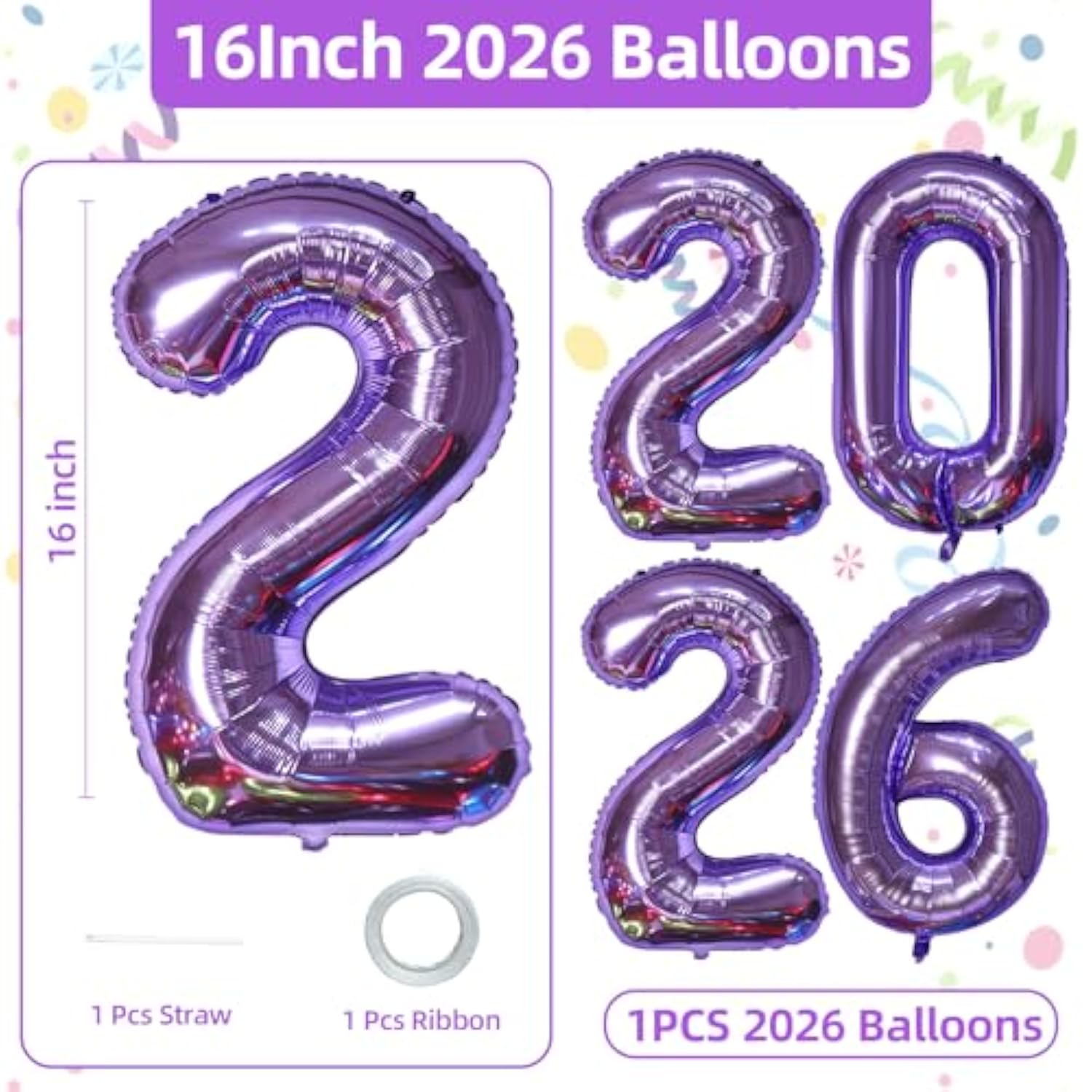 16 Inch Purple 2026 Foil Number Balloons Party Supplies