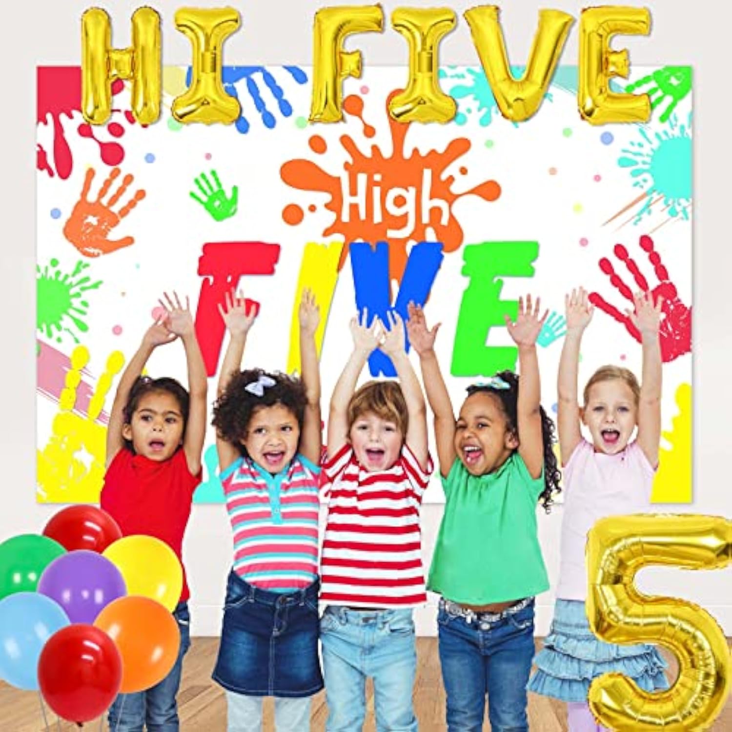 Hi Five Birthday Party Decorations, 5Th Birthday Party Decorations For Boys Girls, Rainbow Balloons High Five Backdrop Number 5 Foil Cake Cupcake Toppers Five Year Old Hand Print Birthday