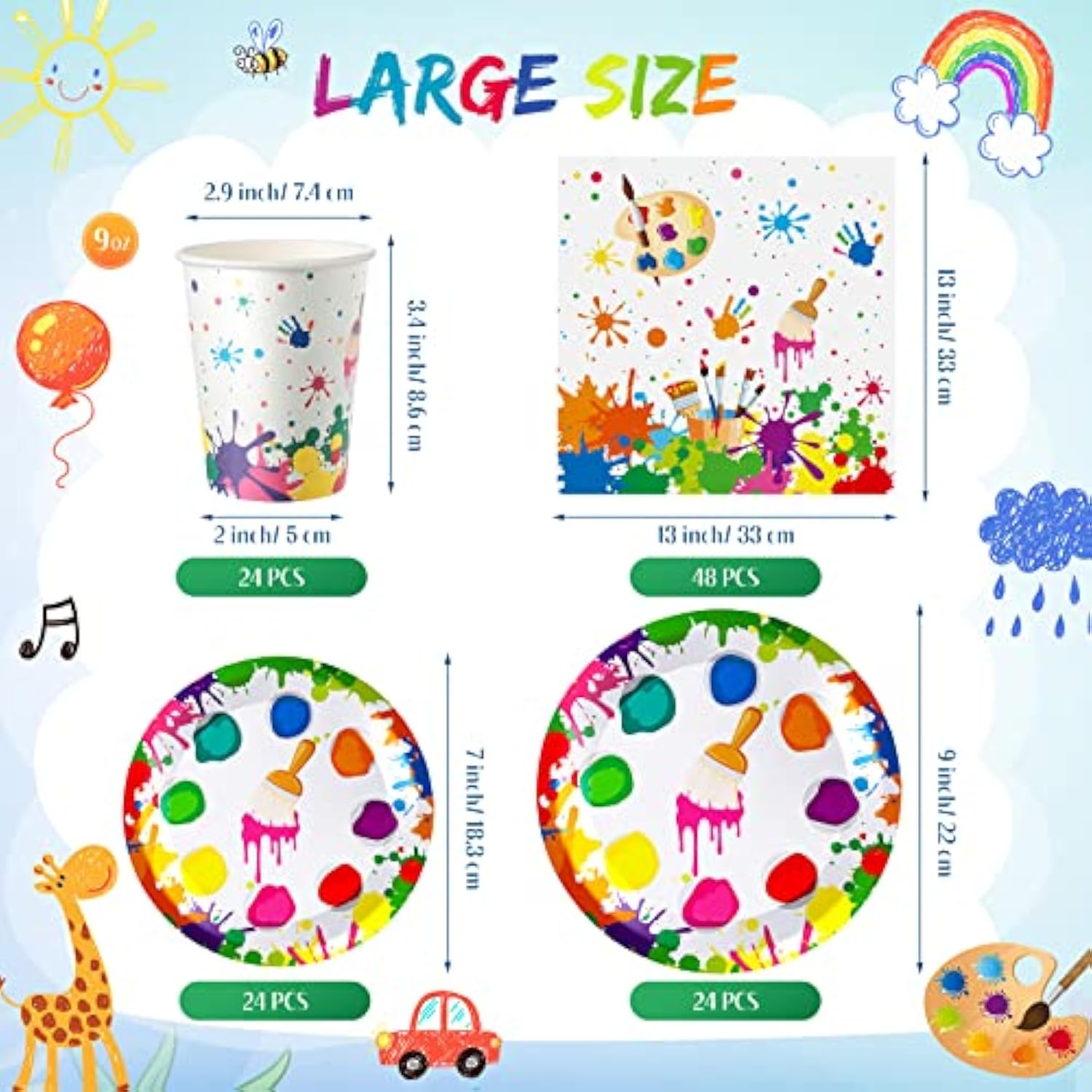 Art Party Supplies for 24 – Paint-Themed Plates, Cups, Napkins, Tablecloth (122pcs)