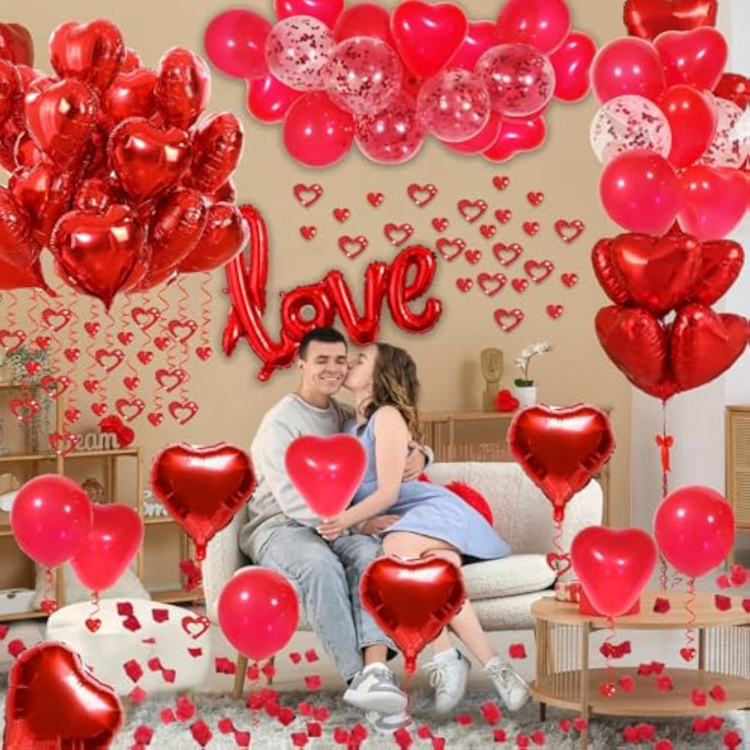 Red Valentines Day Decorations With Red Heart Balloons And Love Balloon, Fake Rose Petals For Wedding Decor, Anniversary Decorations Romantic With Red Latex Balloons And Heart Hanging Decor