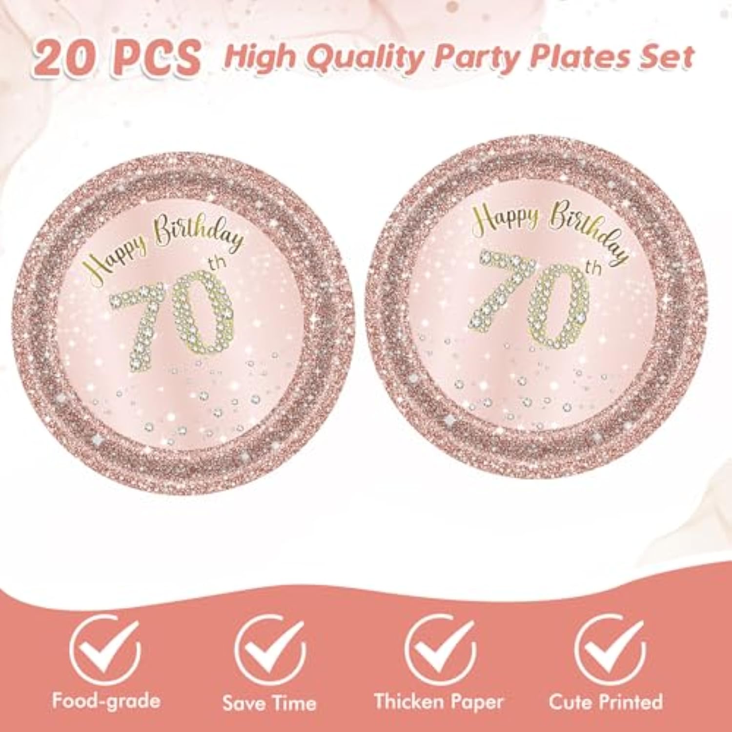 70Th Birthday Decorations, Rose Gold Birthday Party Supplies Include 20Pcs Plates 20Pcs Napkins Sweet Seventy Year Old Party Tableware For Girl Ladies Women