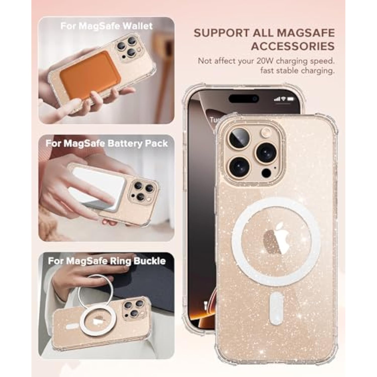For 16 Pro Max Case, Compatible With Magsafe, With 2X Screen Protectors + 2X Camera Lens Protectors, Clear Glitter Sparkly Shockproof Hard Phone Case For Women 6.9", Magnetic Shiny Clear