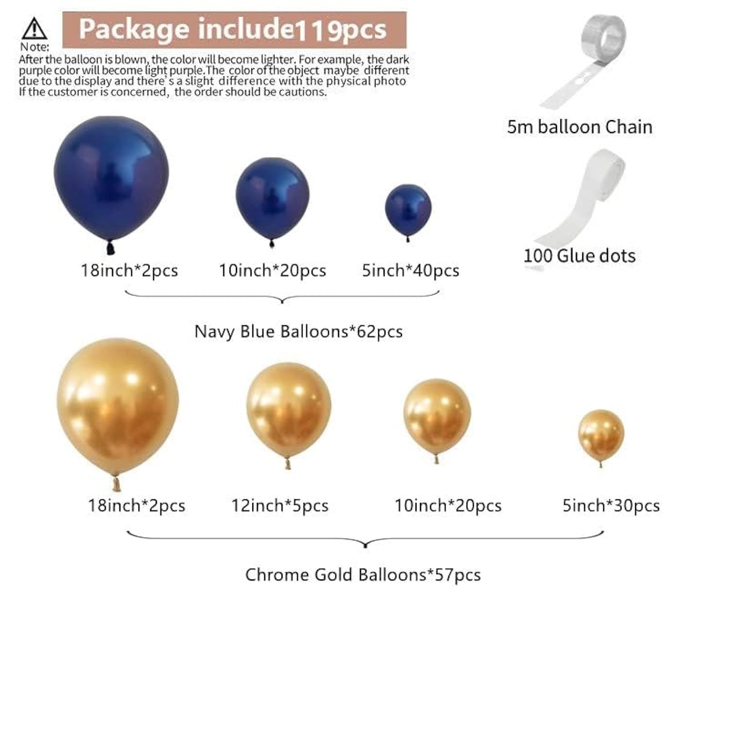 Navy Blue Balloon Garland Kit 119pcs with Chrome Gold for Party Decorations