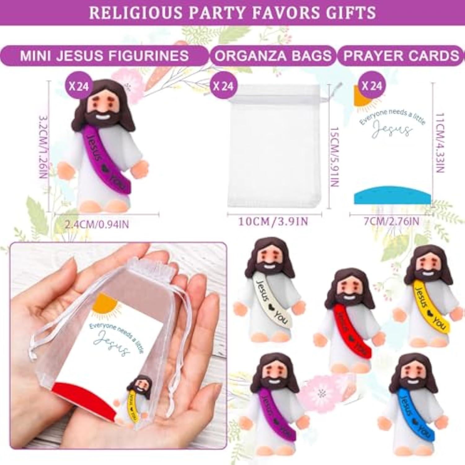 24 Pack Little Jesus Figurines Toys Set Jesus Love You Mini Rubber Toys Includes 24Pcs Organza Bag And Gift Cards Perfect For Kids Sunday School Baptism Gifts Party Favor