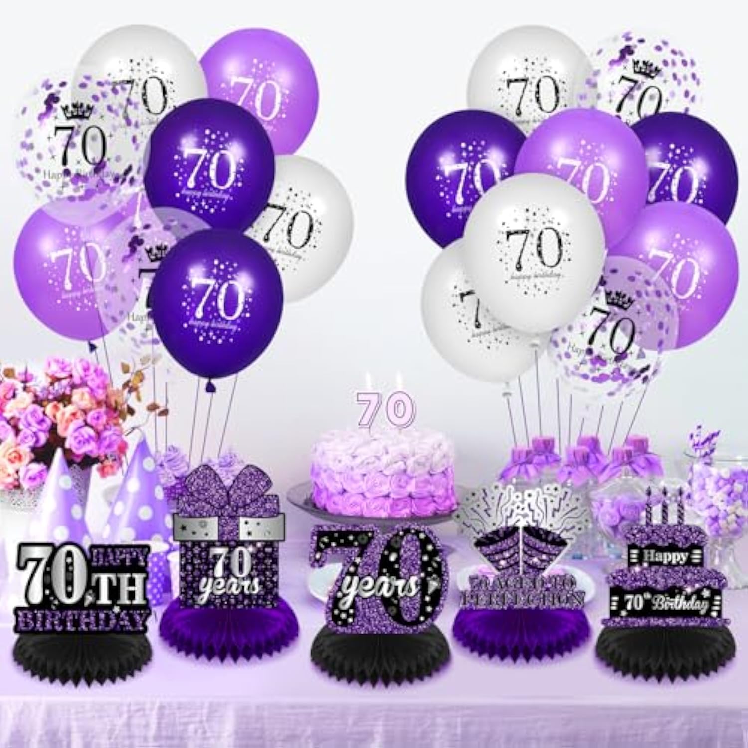 9Pcs Purple 70Th Birthday Decorations Purple Black Happy 70Th Birthday