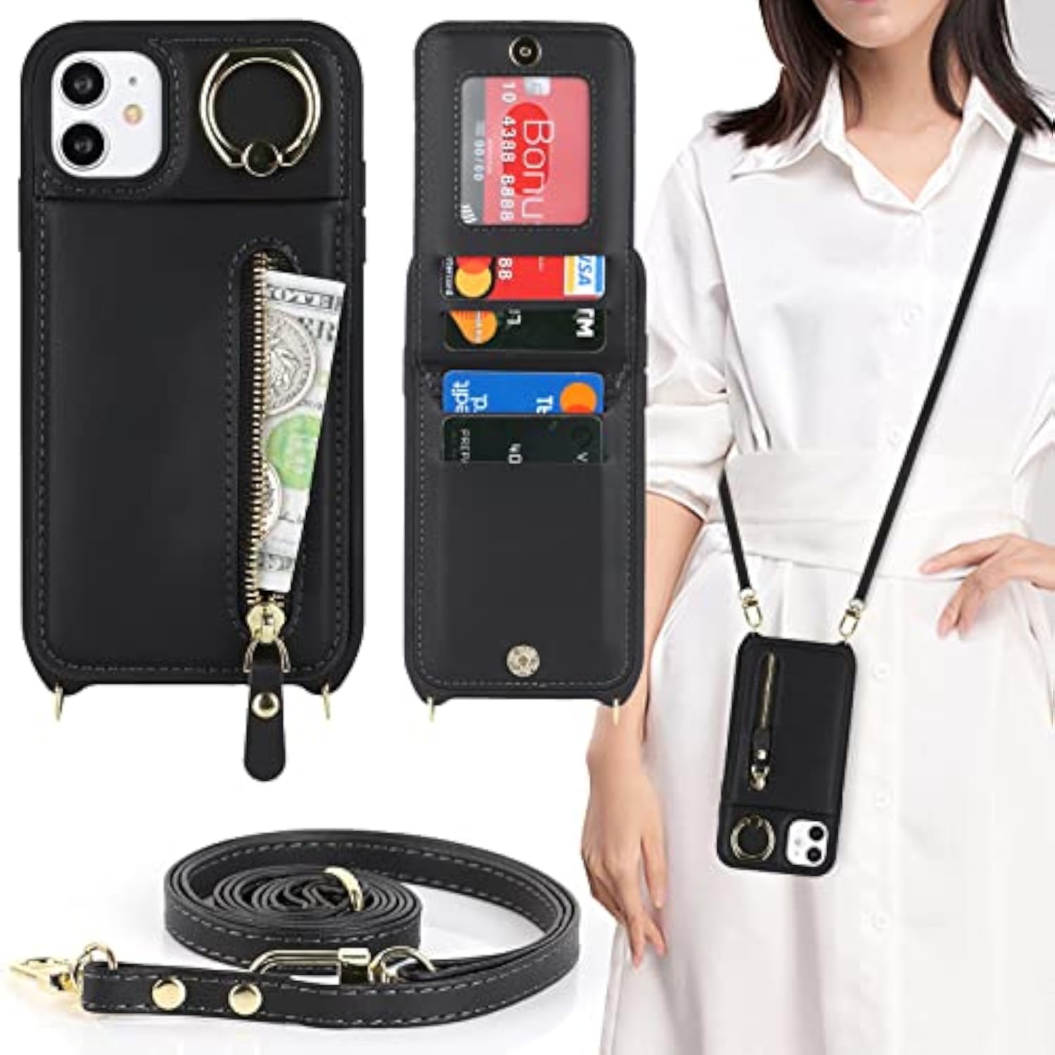 Iphone 11 Phone Case With Card Holder For Women, Iphone 11 Case Wallet With Strap Credit Card Slots Crossbody With Kickstand Zipper Shockproof Case For Iphone11 - Black