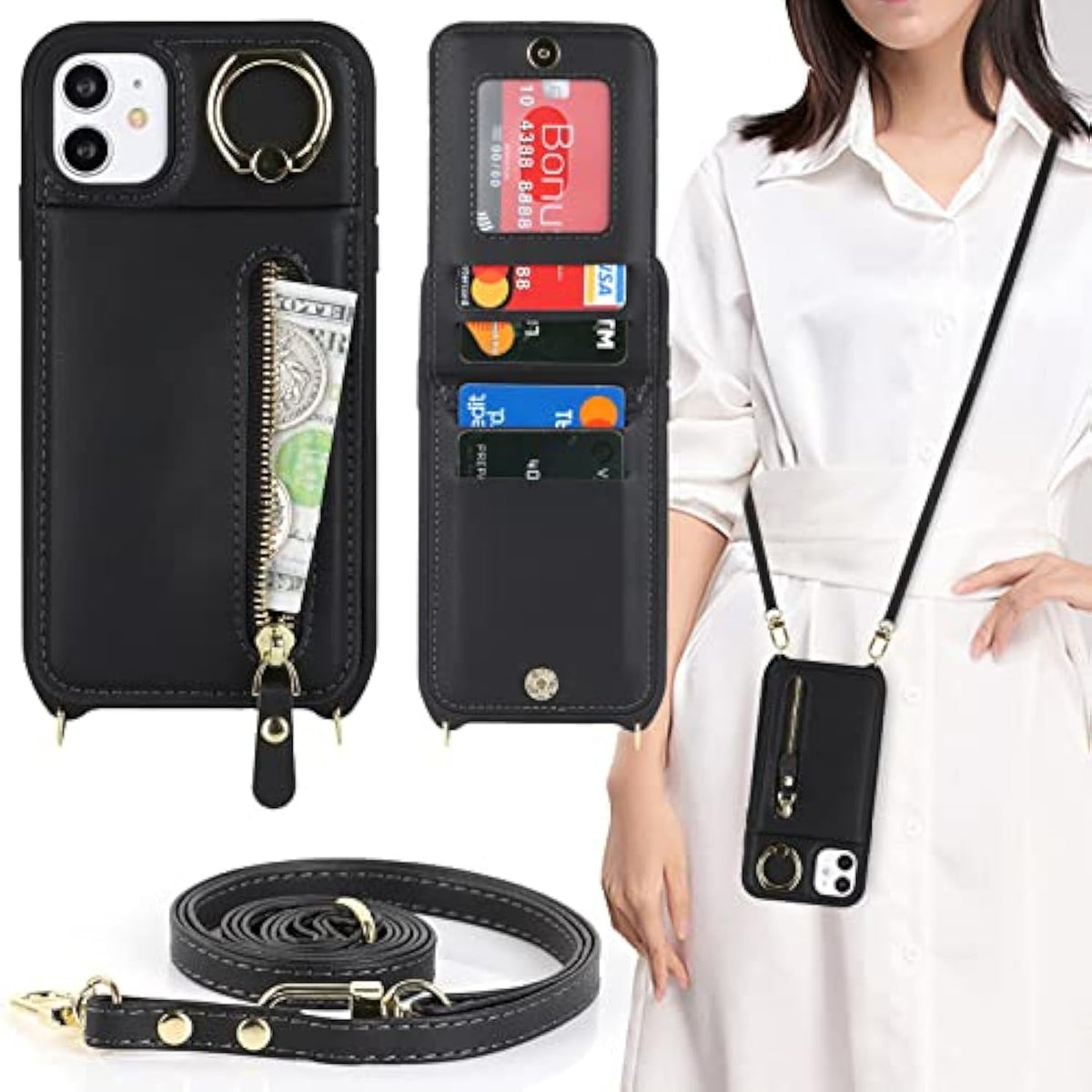 Iphone 11 Phone Case With Card Holder For Women, Iphone 11 Case Wallet With Strap Credit Card Slots Crossbody With Kickstand Zipper Shockproof Case For Iphone11 - Black