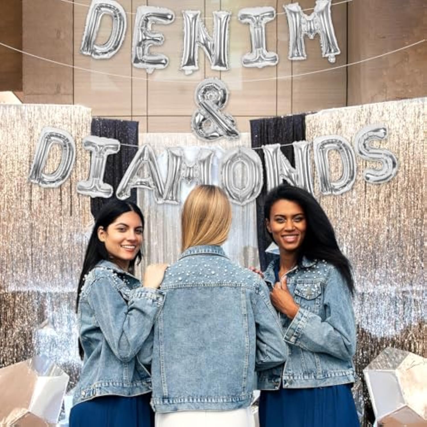 Denim And Diamonds Party Decorations Include Denim And Diamonds Silver Balloon Banner Denim And Pearls Party Decor For Crystal Theme Bridal Shower Blue Jeans Wedding Bachelorette Party