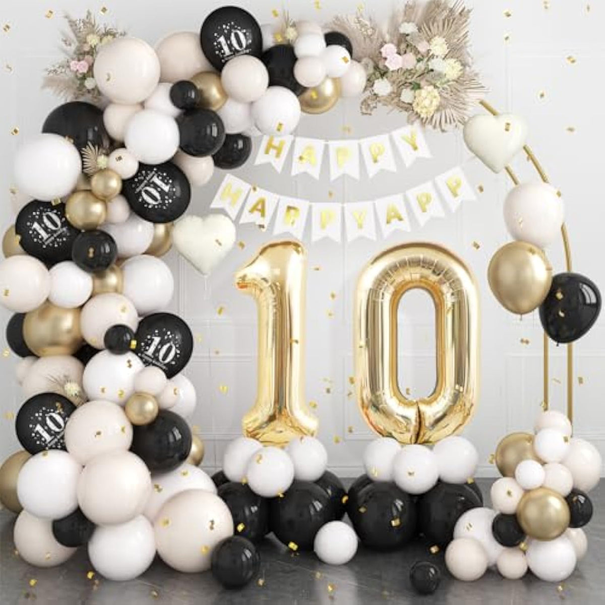 10th Birthday Black Gold Balloon Arch Kit with Number 10 & Banner