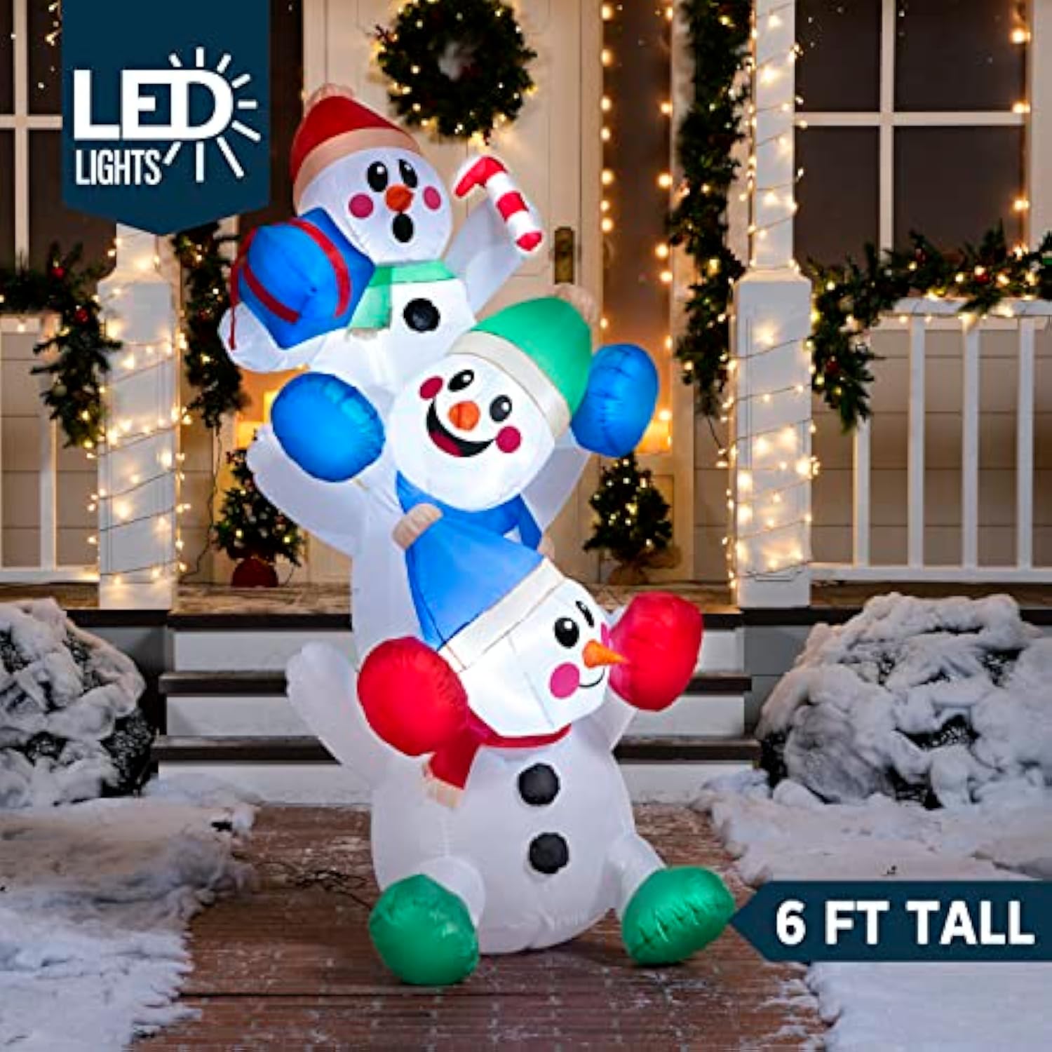 6 Ft Christmas Inflatable Decoration Stacked Snowman With Build-In Leds Blow Up Inflatables For Xmas Party, Home Indoor