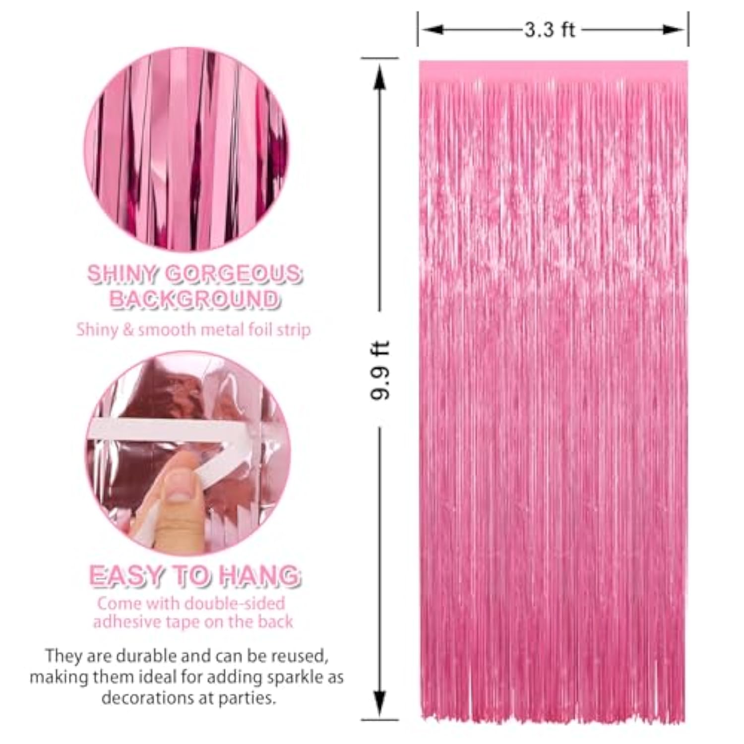 3 Pack 3.3 X 9.9 Ft Pink Foil Fringe Glitter Curtains Party Decorations, Tinsel Backdrop For Parties, Door Streamers For Birthday, Photo Booth Backdrops, Party Decor
