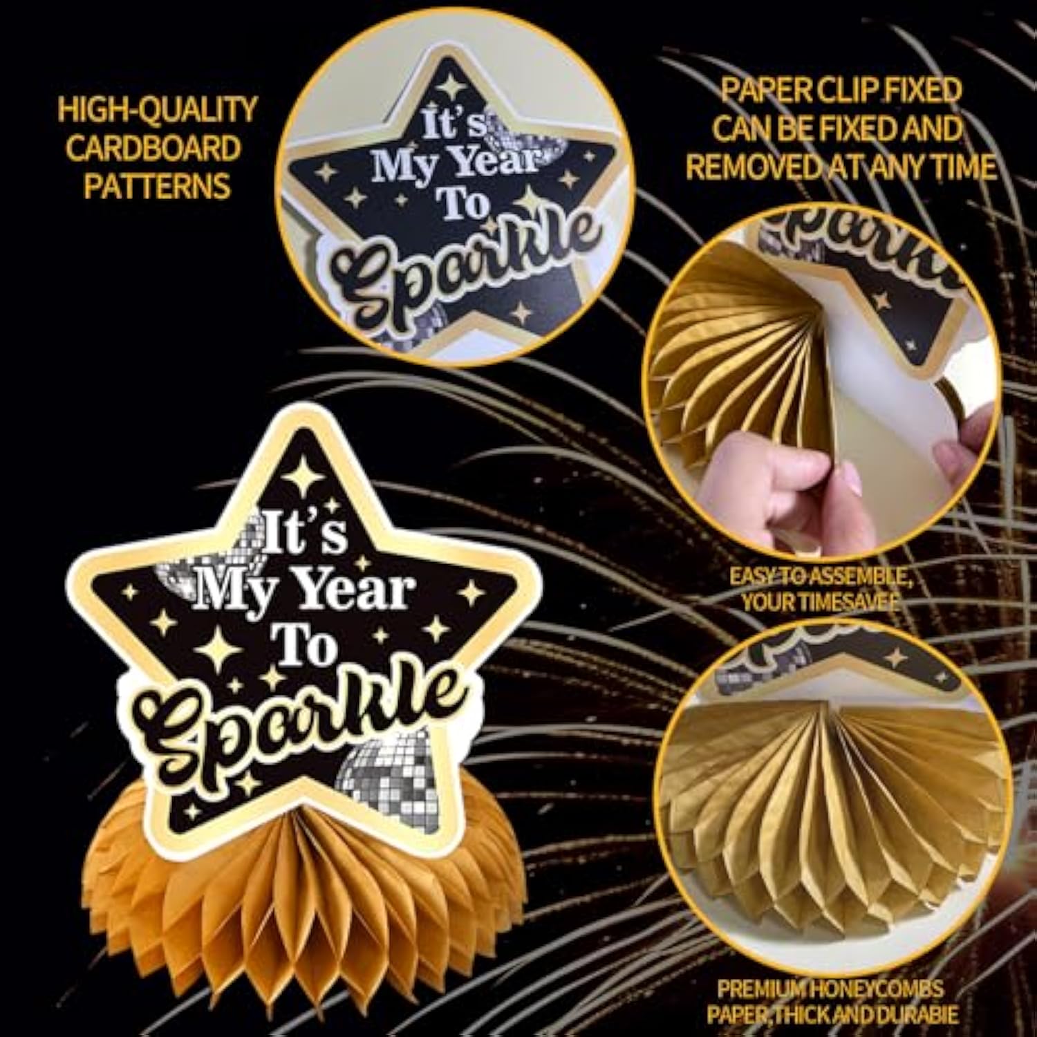 9pcs 2026 New Year Disco Honeycomb Centerpieces Black Gold Table Decor