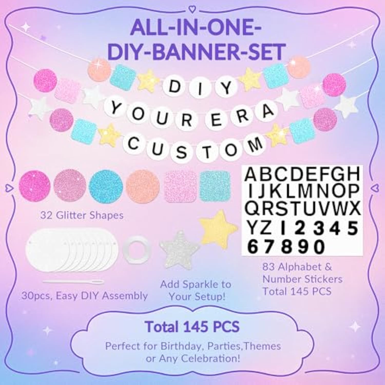 145Pcs DIY Friendship Bracelet Birthday Banner 5.4Ft Glitter Era Decor