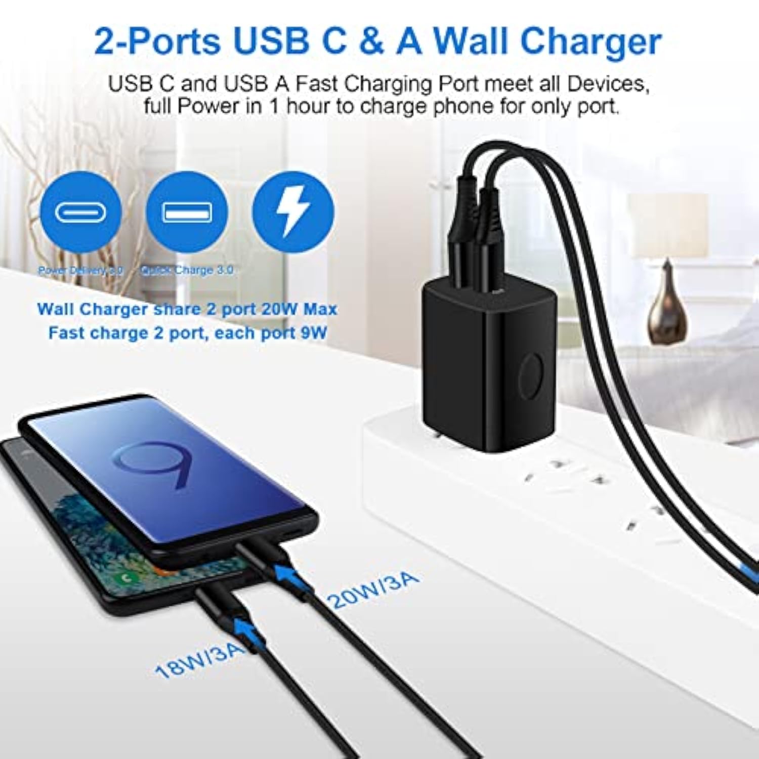 Samsung Android Phone Charger Fast Charging For Galaxy A17 A16 S25 Ultra S24 A15 A13 A14 5G A53 S22 Fe S21 A25 A23, 20W Power Wall Charger Plug,38W Usb C Cigarette Lighter Adapter,3+6Ft Type C Cable