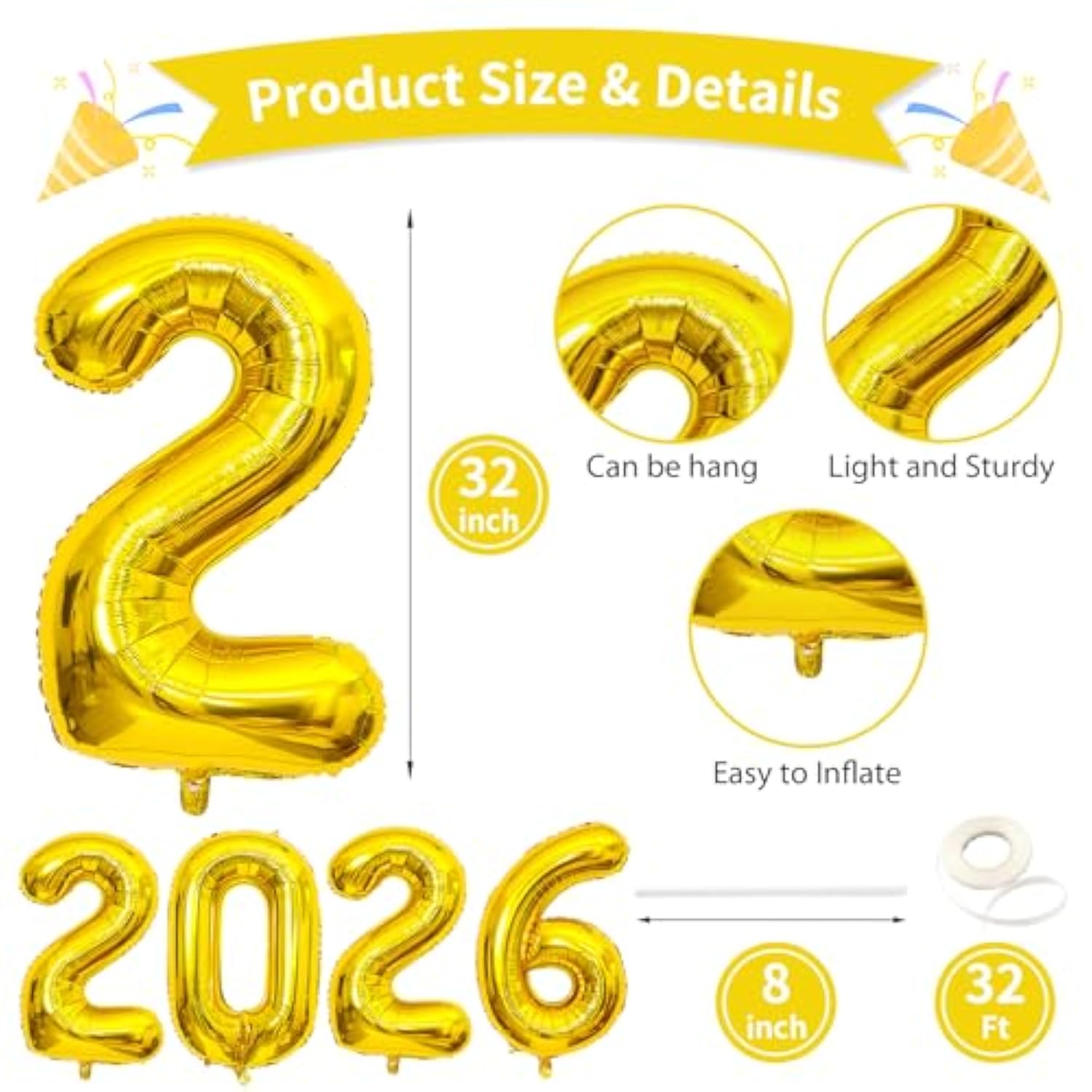 32 Inch Gold 2026 Foil Balloon Numbers Happy New Year Party Decor