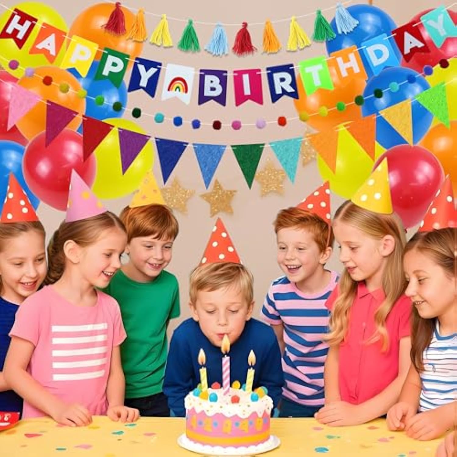 Pre-Strung Felt Happy Birthday Banner, Rainbow Theme Birthday Party Decoration Kit, Felt Pennant Banner Flag, Pompom Garland, Wool Tassel Garland, Red, Yellow, Blue And Orange Balloons,Reusable