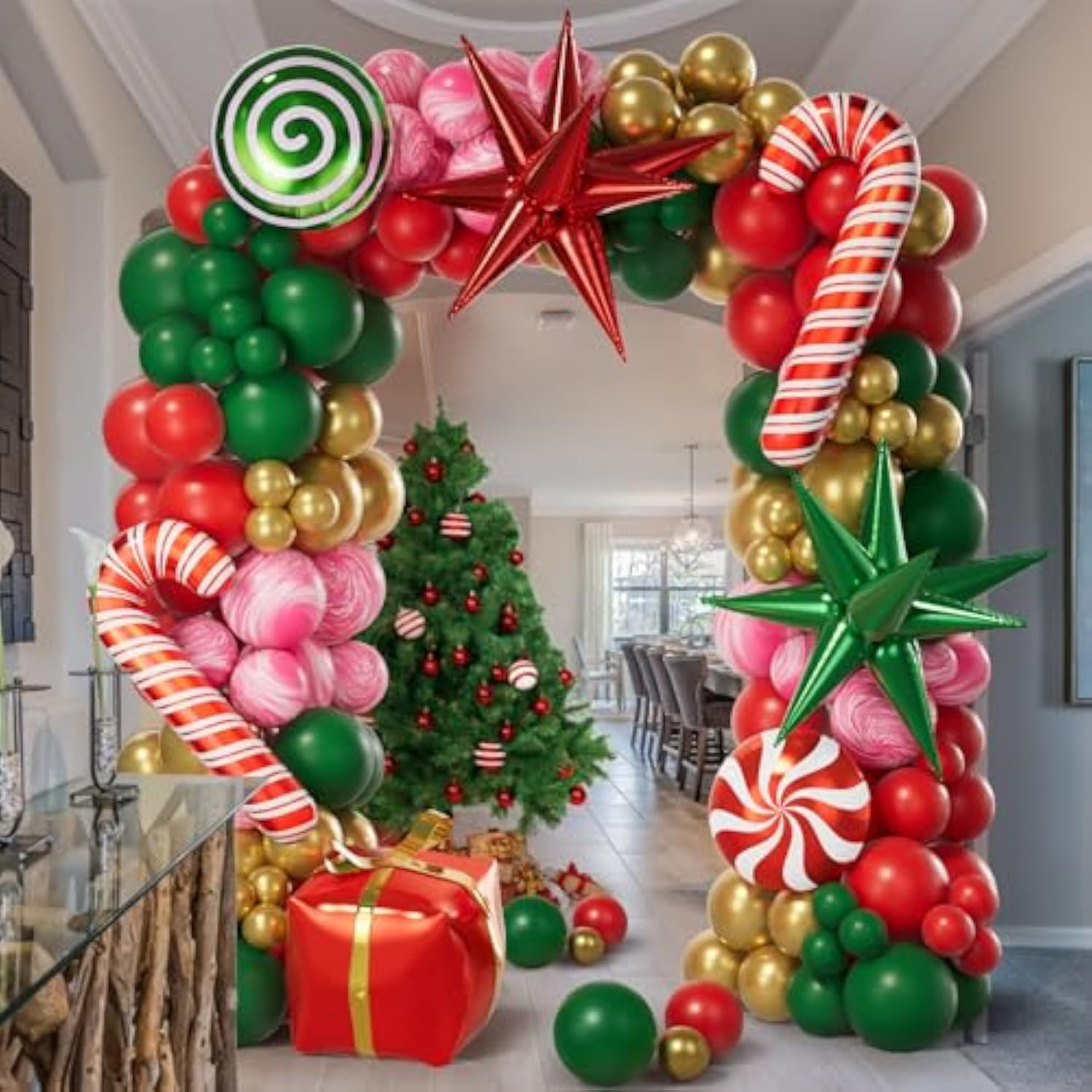 Christmas Balloon Garland Arch Kit, Red Green Gold Gift Box Exploding Star Foil Balloons, Windmill Candy Christmas Balloons For Party Decorations