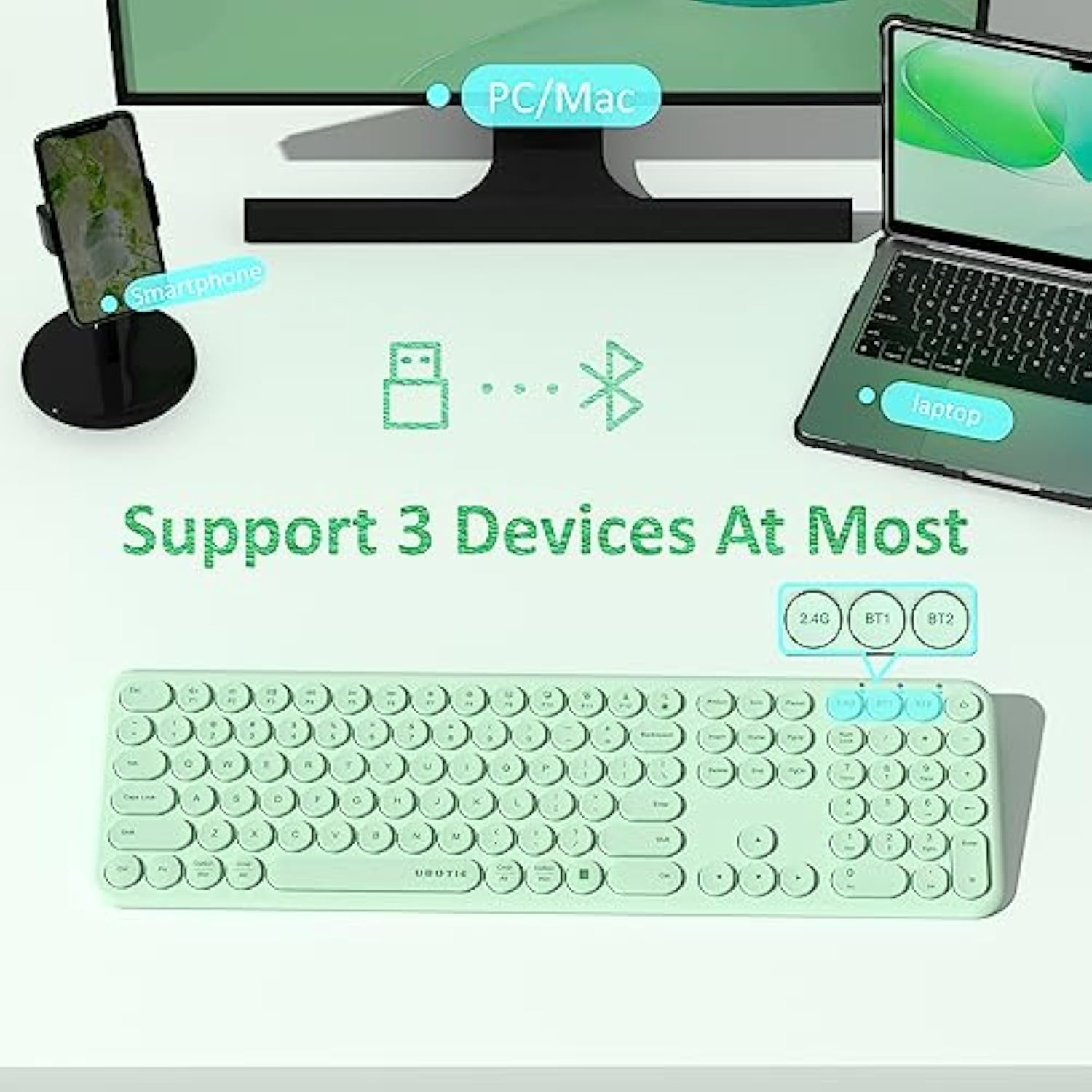 Wireless Green Keyboard, Bluetooth 2.4Ghz Dural Mode Connection Scissor Switch