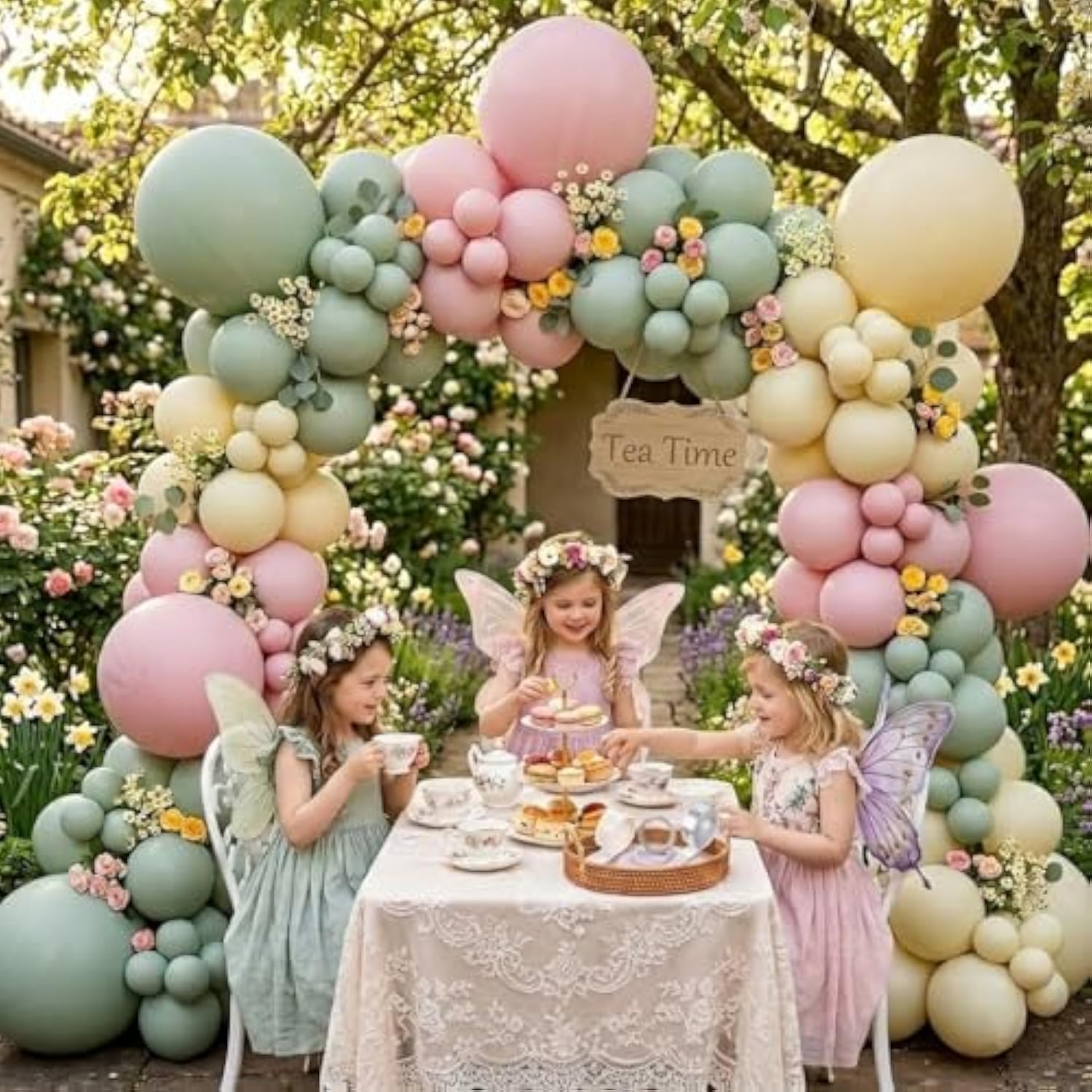 156Pcs Tea Party Balloon Arch Garland Kit With Pastel Green Yellow Pink Balloons For Baby Shower Decorations, Bridal Shower, Spring Garland, Garden Theme Party Supplies