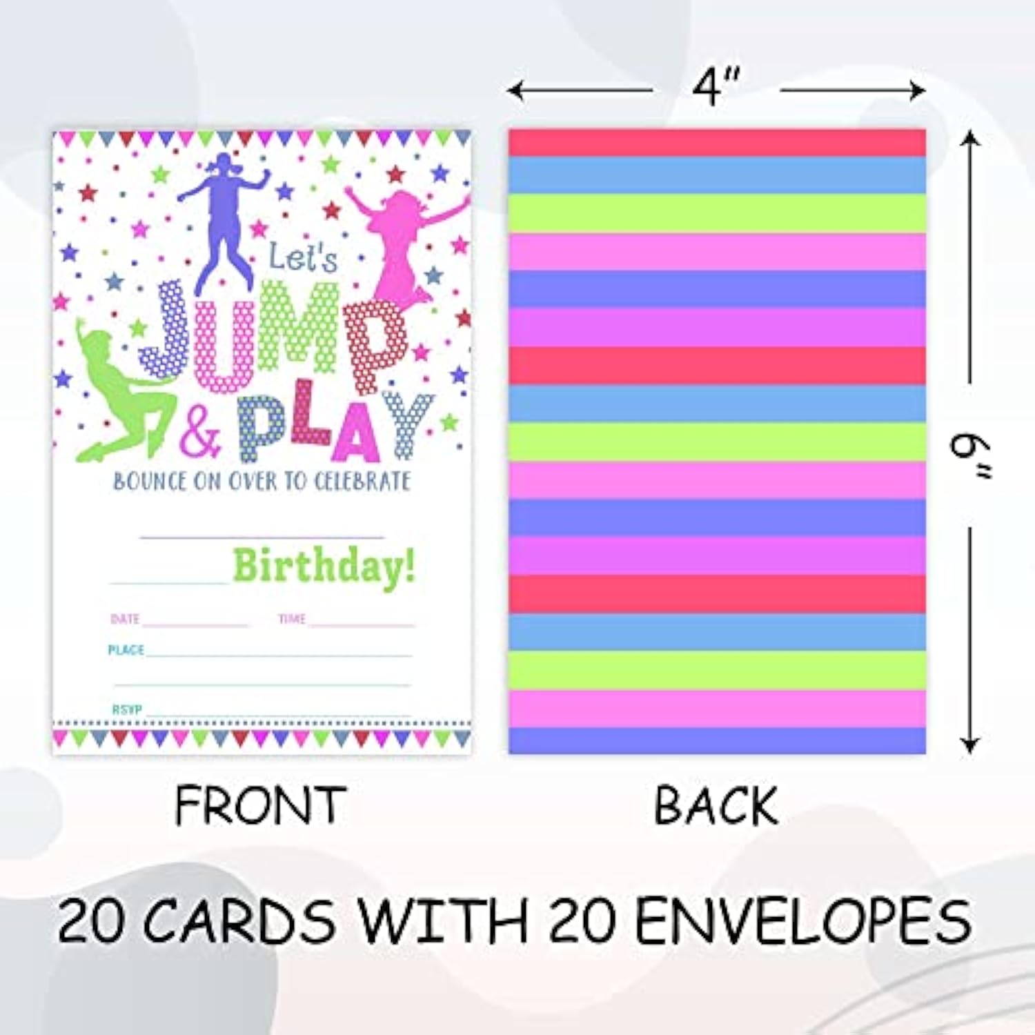 20 Bounce House Birthday Invites - Gymnastics Party Fill-In Invites - Jump & Play Theme With Rainbow Trampoline Design - Gymnastics Birthday Party Decoration-A018