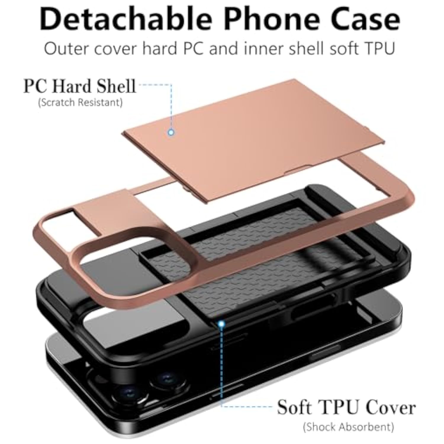 Compatible With Iphone 16 Pro Case With Card Holder Dual Layer Heavy Duty Drop Protection Hidden Sliding Card Slot Slim Wallet Phone Case For Iphone 16 Pro For Women Men, 6.3 Inch Rose Gold