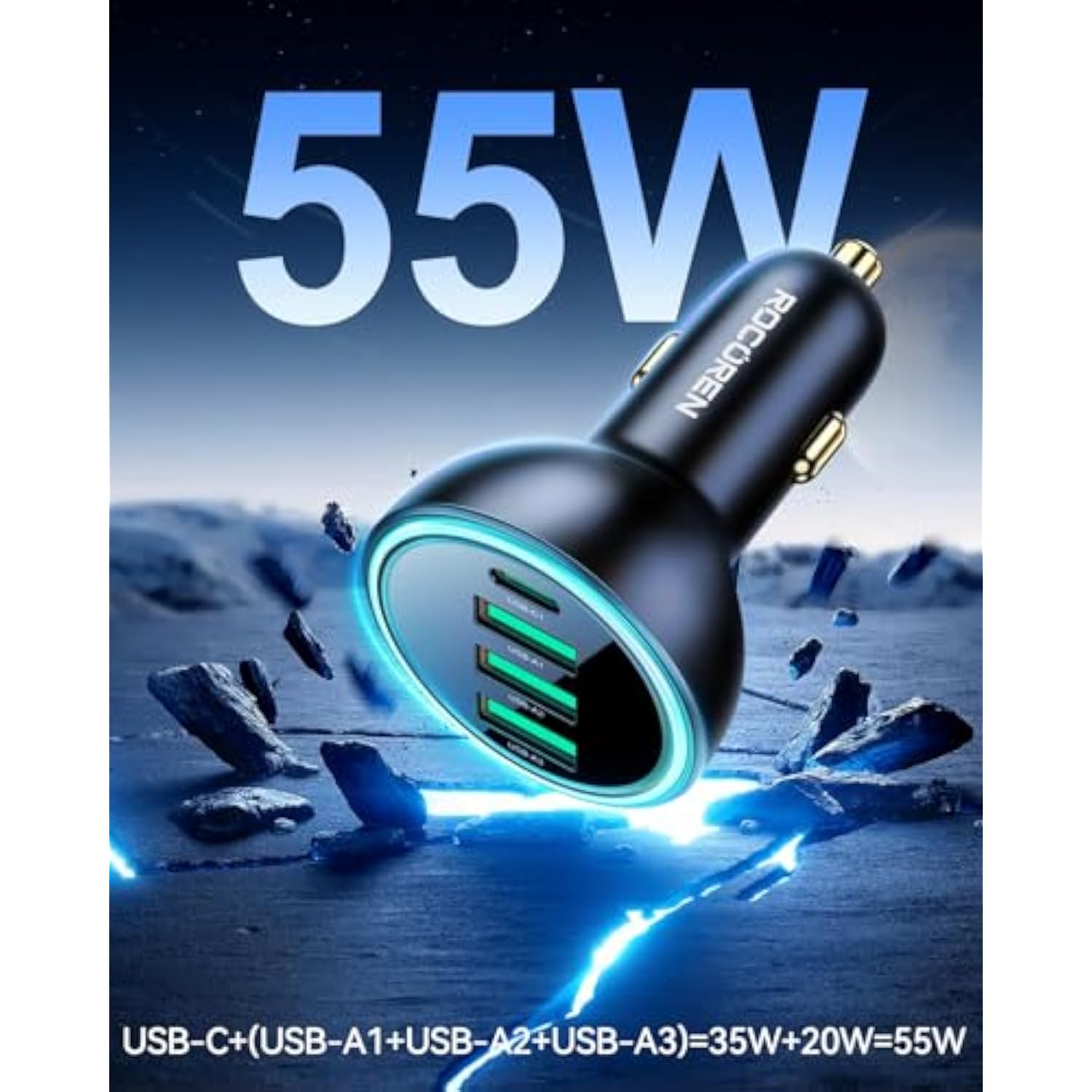 55W 4-Port Car Charger, Pd3.0 Qc3.0 Super Fast Charging Usb C Car Charger For Multiple Devices, Cigarette Lighter Adapter For Iphone 16/15/14 Series, Ipad Pro, Samsung S25/S24 Ultra, Pixel