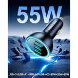 55W 4-Port Car Charger, Pd3.0 Qc3.0 Super Fast Charging Usb C Car Charger For Multiple Devices, Cigarette Lighter Adapter For Iphone 16/15/14 Series, Ipad Pro, Samsung S25/S24 Ultra, Pixel