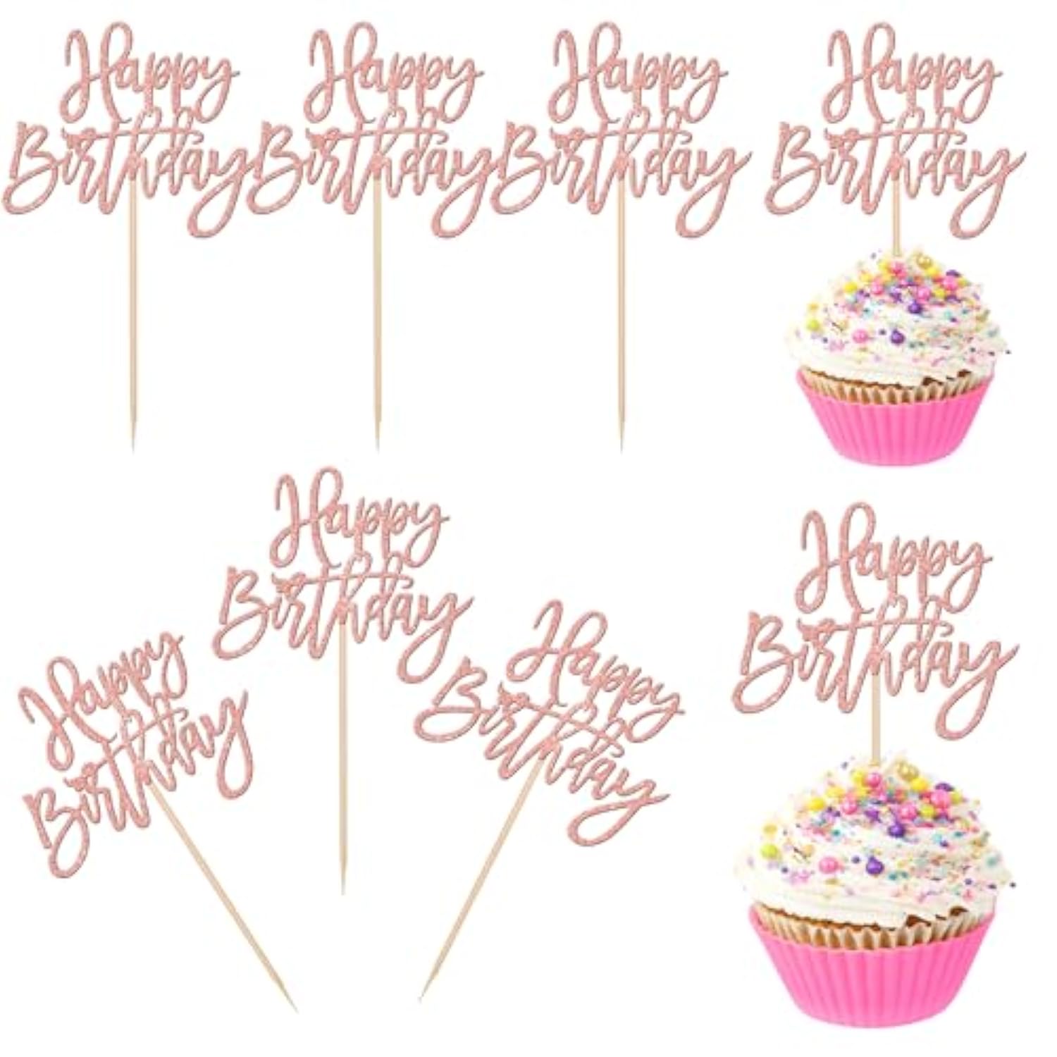 24-Pack Rose Gold Glitter Happy Birthday Cupcake Toppers