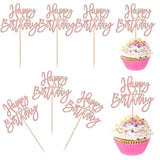 24-Pack Rose Gold Glitter Happy Birthday Cupcake Toppers