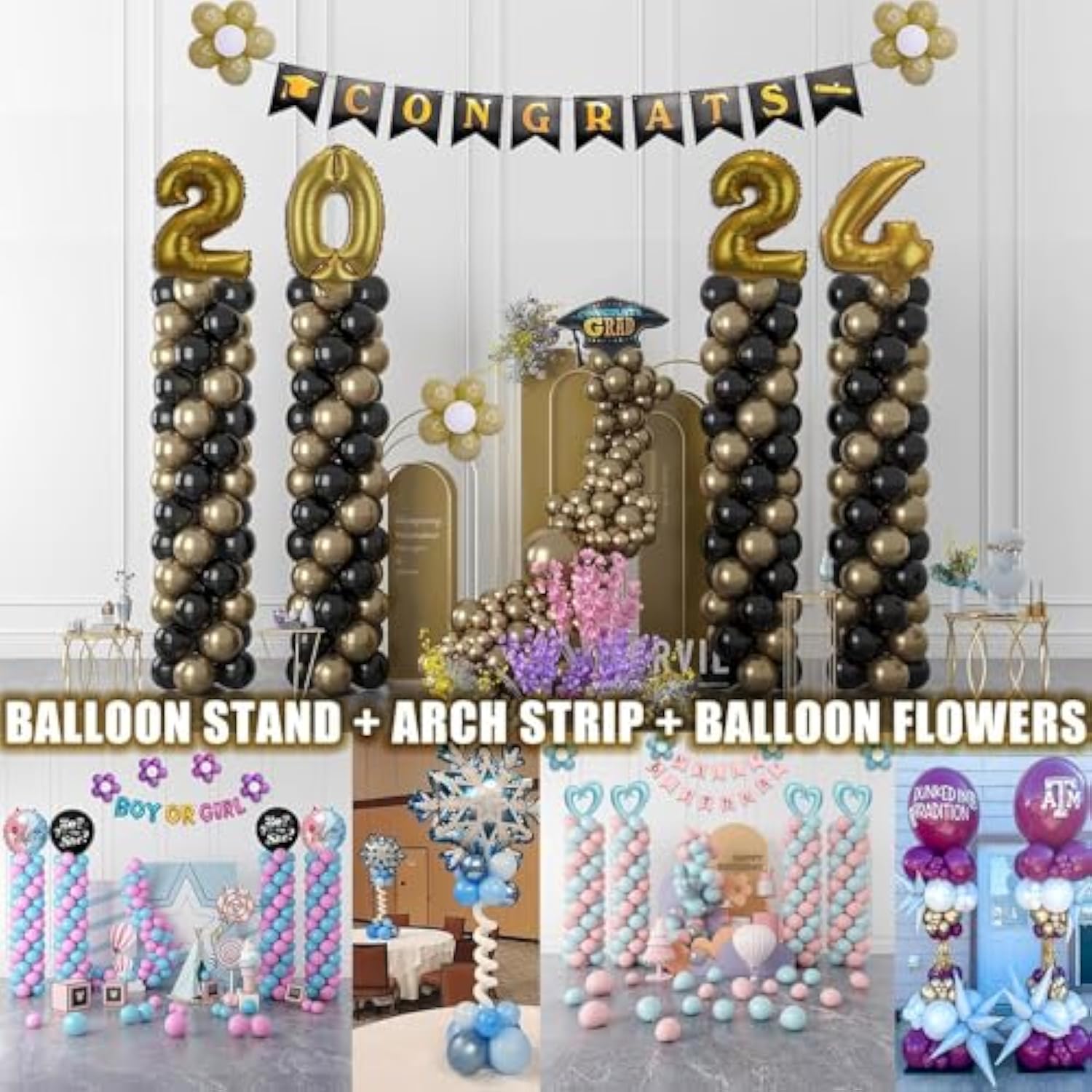 Balloon Column Stand Kit Set Of 4, 7Ft Height Adjustable Balloon Arch Kit With 2 Ballon Garland Strip, Metal Telescopic Pillar Balloon Stand, Birthday Party, Graduation, Halloween Decorations