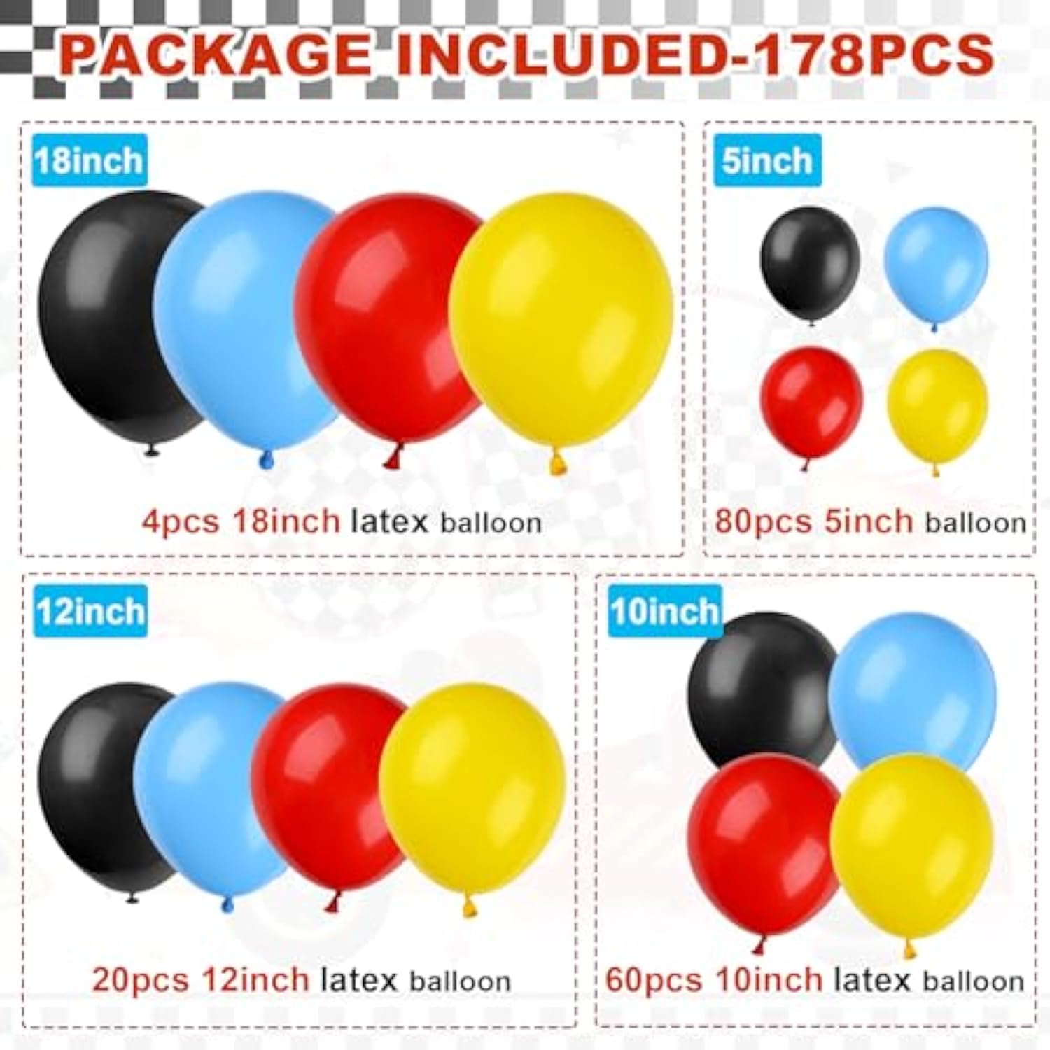 Race Car Birthday Party Balloons Arch Kit,179Pcs Race Car Party Decorations Red Yellow Black And Blue & Checkered Flag & Wheels Foil Balloon For Boys Racing Car Theme Two Fast Party Supplies