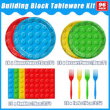96 Pcs Building Block Party Supplies, Building Bricks Plates And Napkins Set Boys Girls Building Block Themed Dinnerware For Kids Baby Shower Birthday Party Decorations, Serves 24