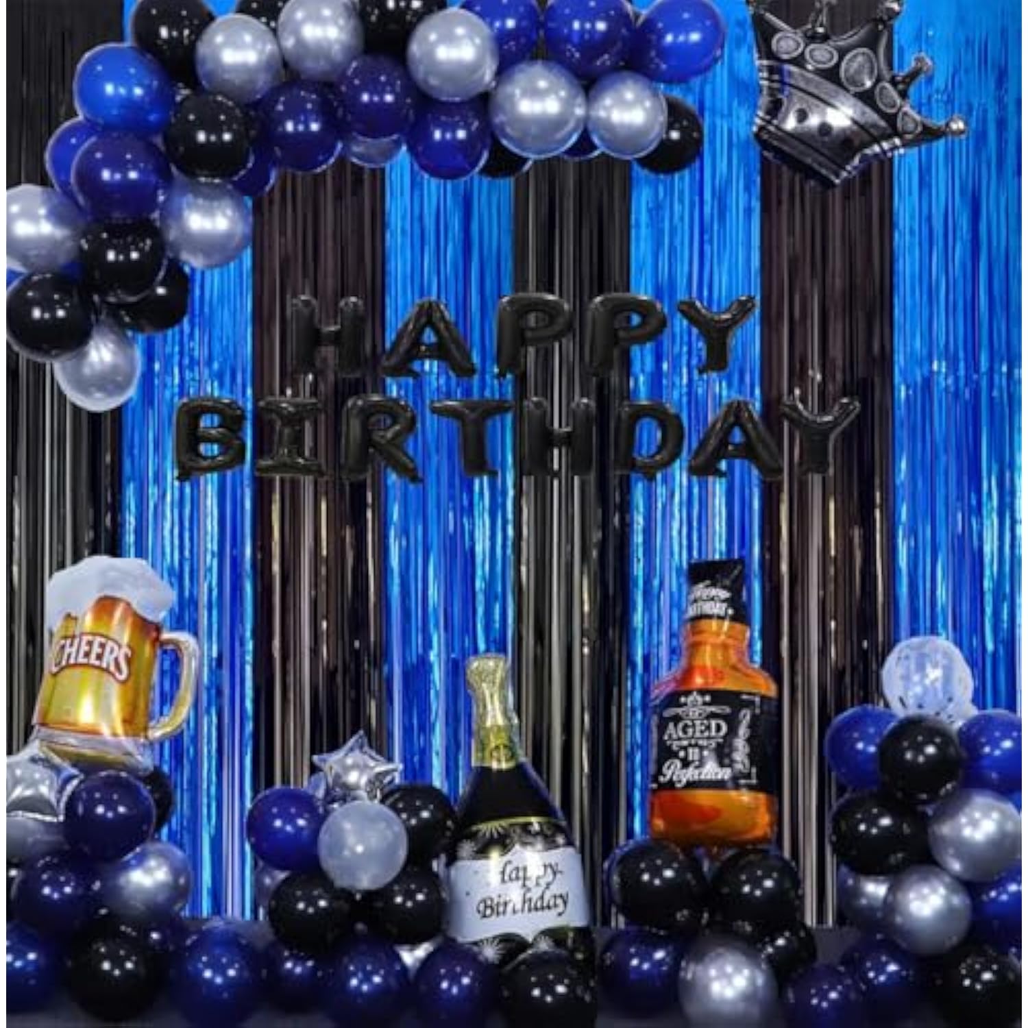 2 Pack 3.3x6.6ft Black & Blue Metallic Tinsel Backdrop Curtains for Parties & Events