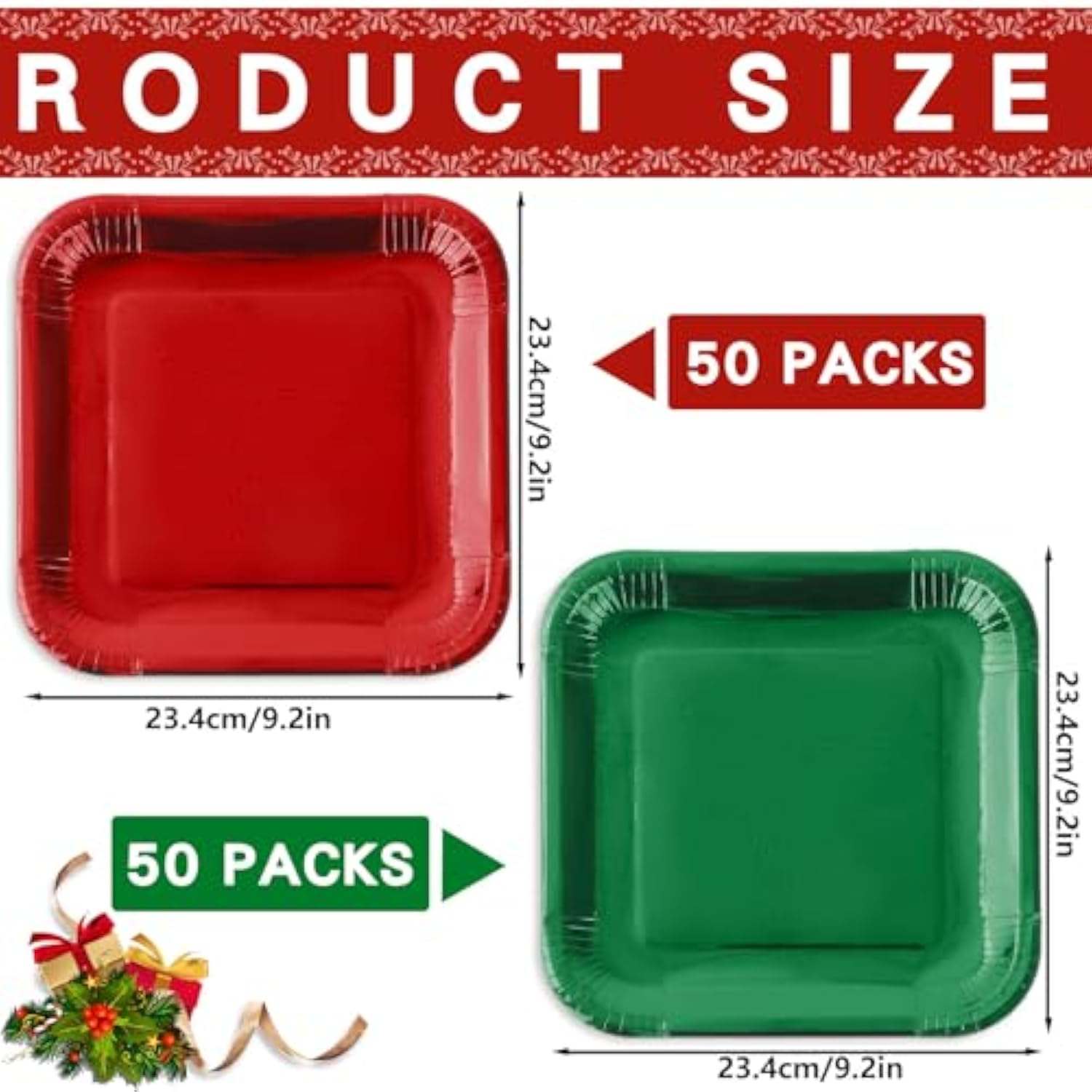 100Pcs Christmas Red Green Square Paper Plates 9 Inch Metallic Foil Plates Merry Christmas Disposable Plates For Xmas Winter Party Tableware Supplies