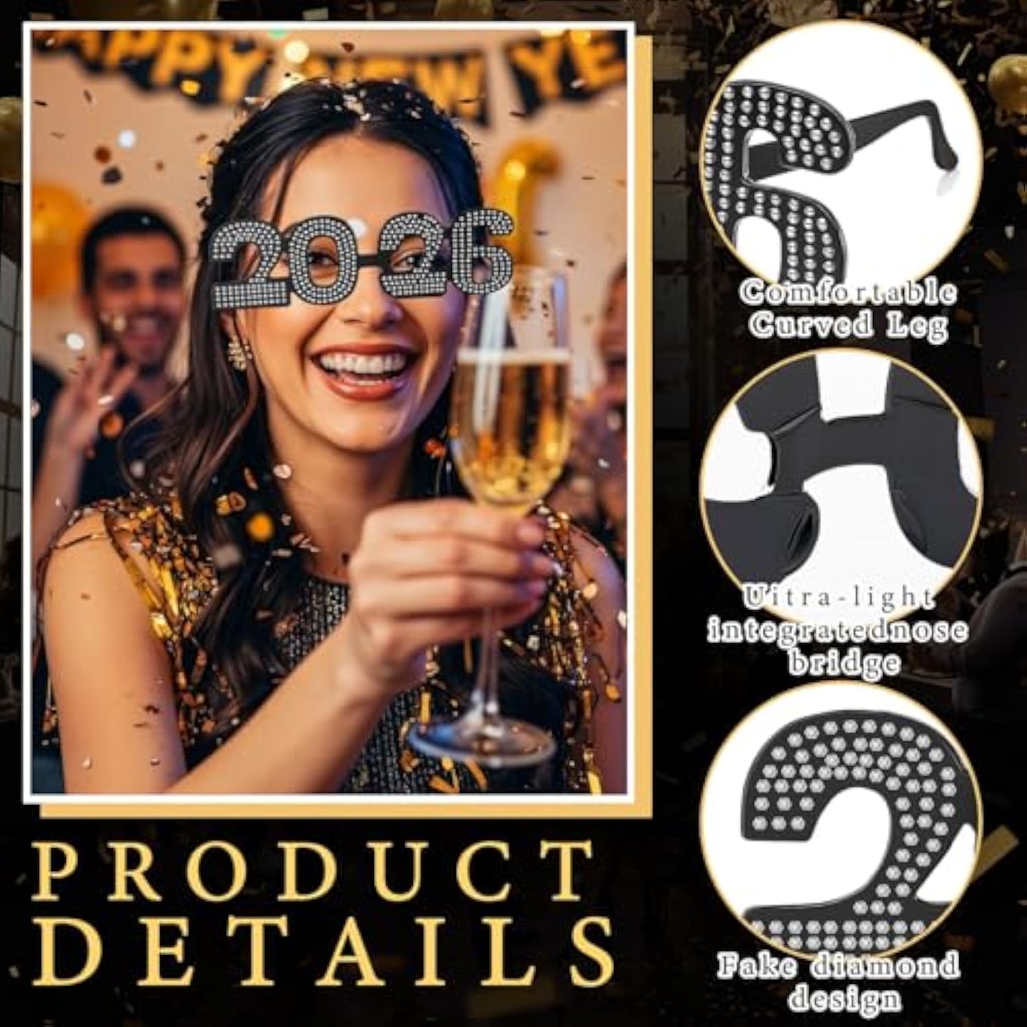 2026 Number Glasses Black Diamond Plastic for New Year Party Photo Props
