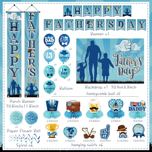 Fathers Day Decorations - Blue Happy Father’s Day Party Supplies with Banner,Backdrop,Porch Sign,Honeycomb Centerpiece,Best Dad Ever Decoracion Para El Dia Del Padre