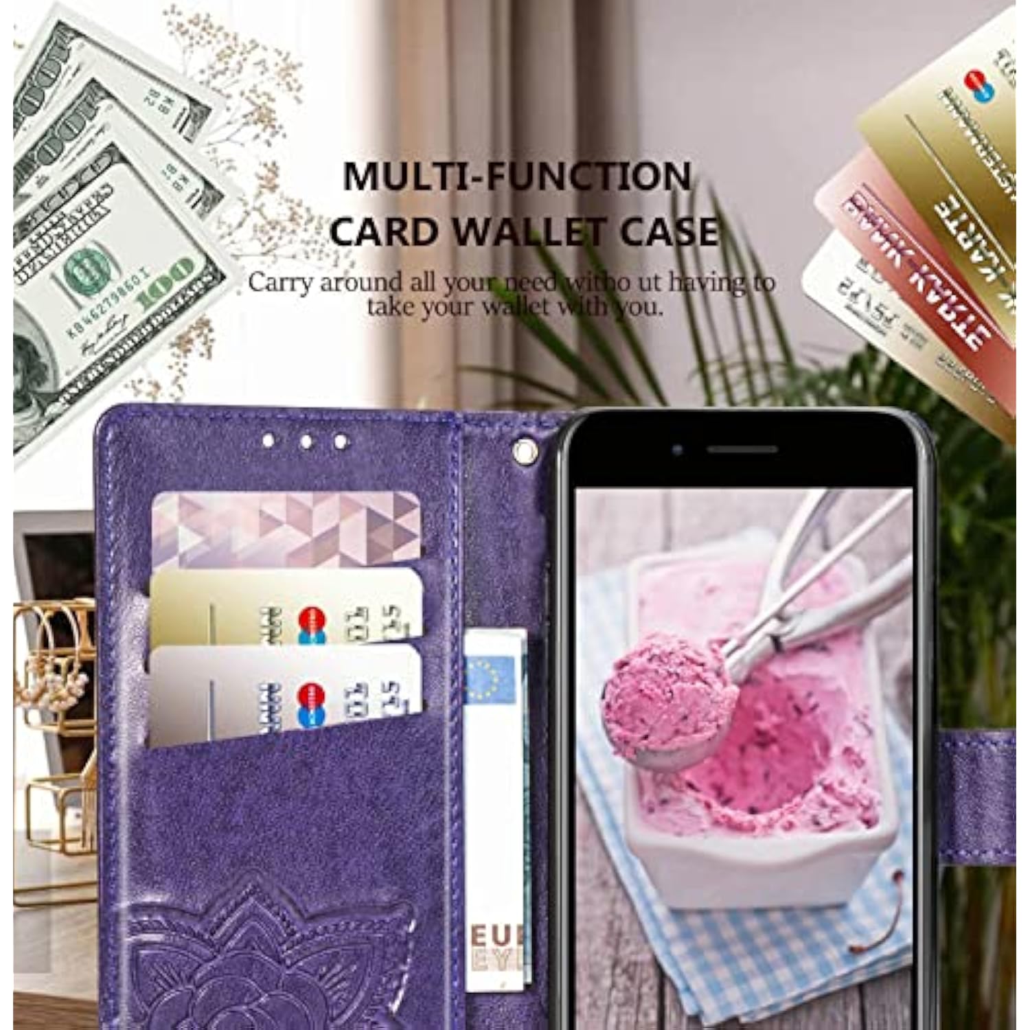Wallet Case For Iphone Se 2020/Se 2022/Iphone 8/Iphone 7,Women Butterfly Embossed Pu Leather Stand Card Slots Wrist Strap Flip Folio Cover For Iphone 6/6S/7/8/Se 2Nd/Se 3Rd Gen (Purple)