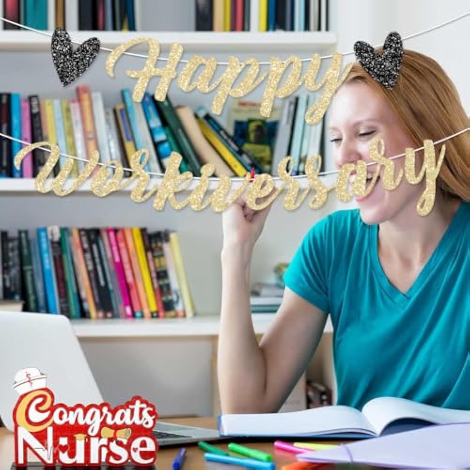 Pre-Strung Happy Work Anniversary Decorations Banner Gold Glitter Workiversary Sign For Work Party Office Party Theme No Diy