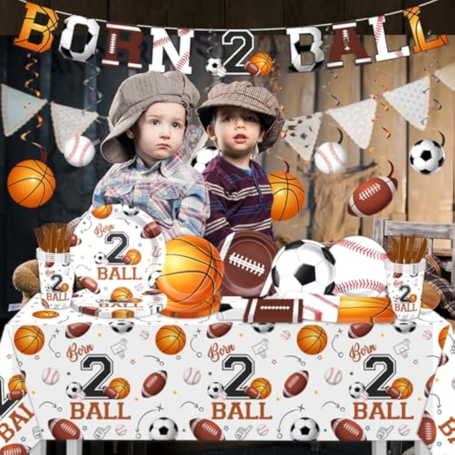 Born Two Ball 2nd Birthday Sports Theme Party Plates and Napkins Set, 152pcs