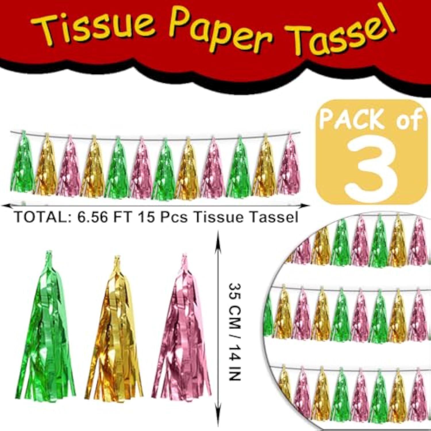 3P Sage-Green Gold Pink Tassel Banner Garland Metallic Foil Fringe Banner Tinsel Tassels Streamer Banner Backdrop For Parade Floats, 2025 Graduation Decorations, Woodland Party Decoration