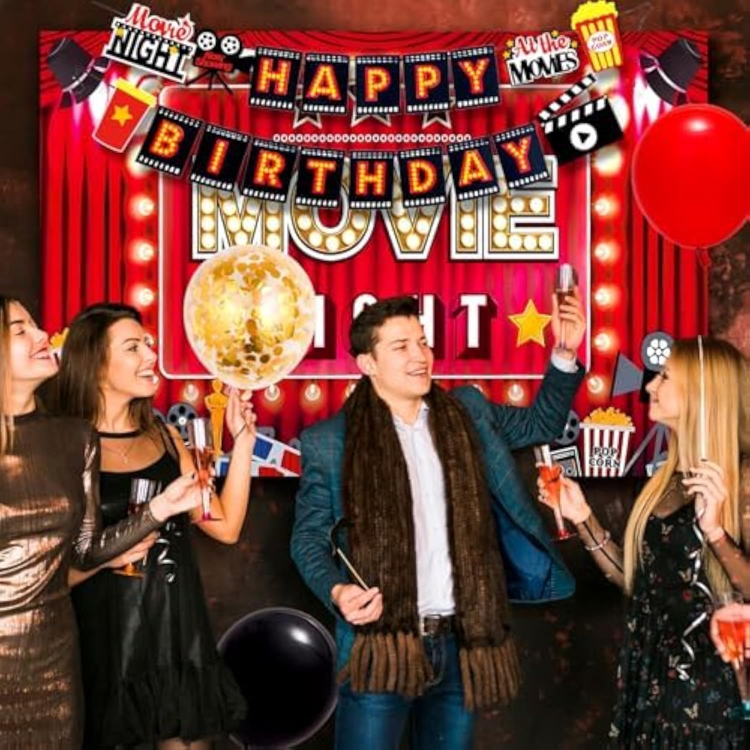 Movie Night Birthday Party Decorations,116Pcs Movie Night Party Decorations And Tableware - Movie Night Plates Tablecloth Napkins&Movie Night Party Balloons Banner Backdrop Etc Movie Night Decorations