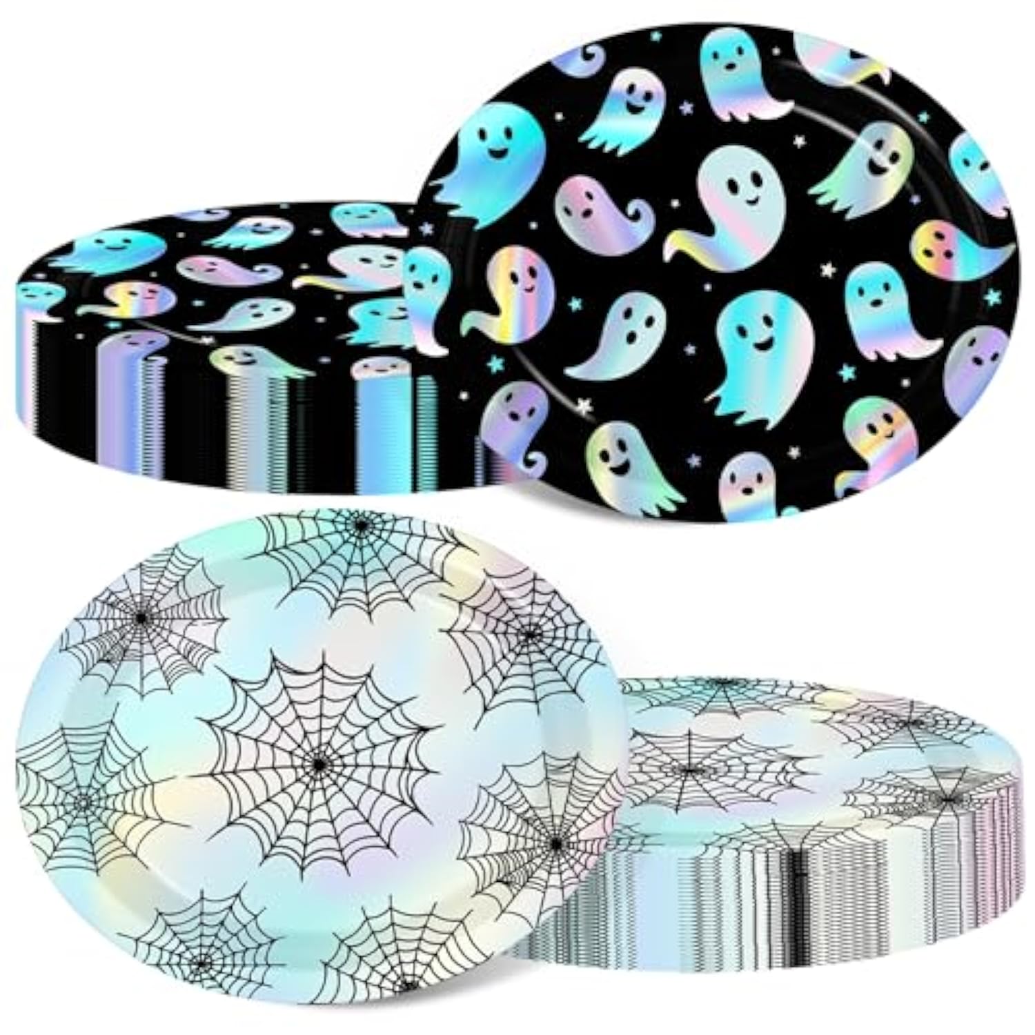 Halloween Plates 50pcs Iridescent Black Silver Ghost Spider Web Party Supplies Decorations