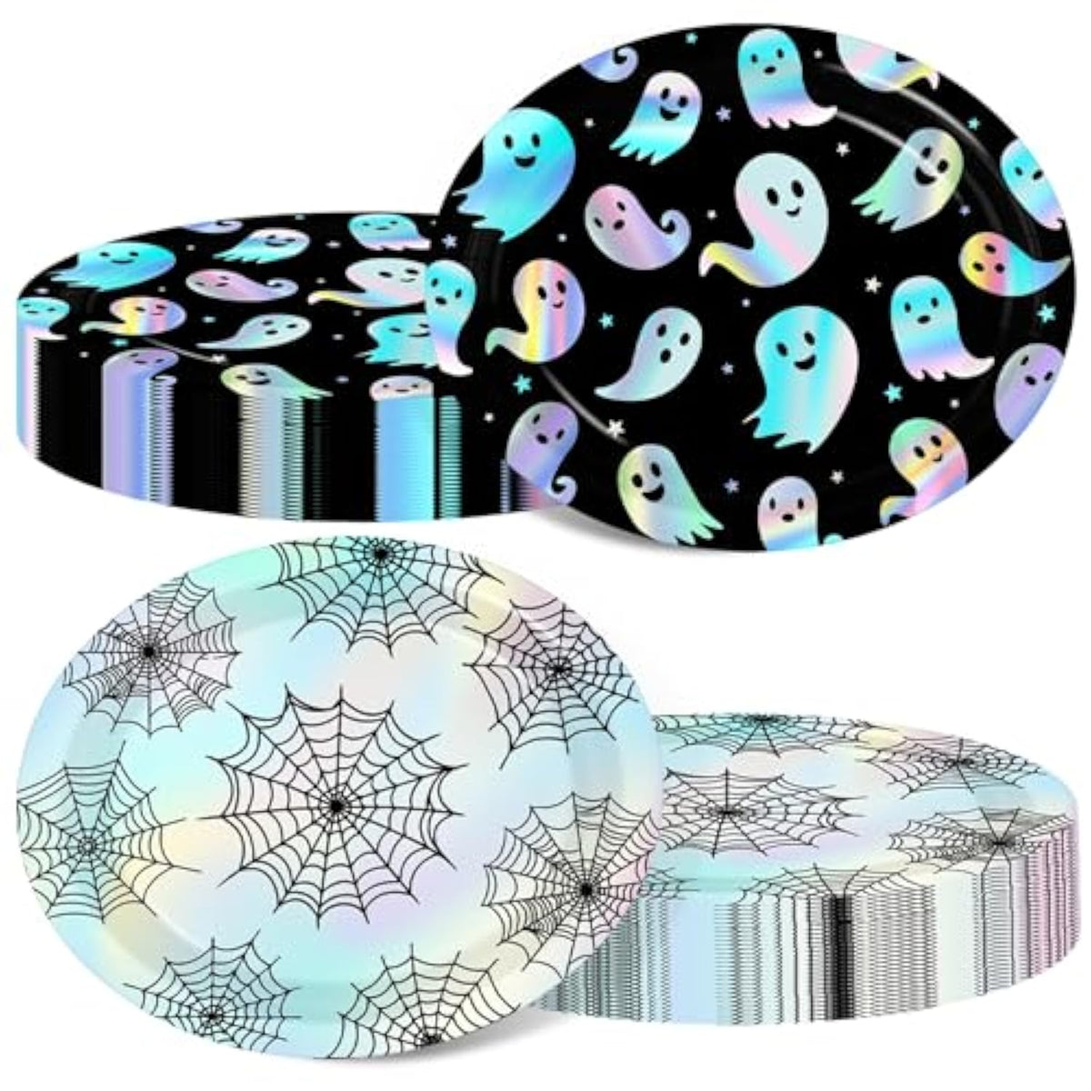 Halloween Plates 50pcs Iridescent Black Silver Ghost Spider Web Party Supplies Decorations