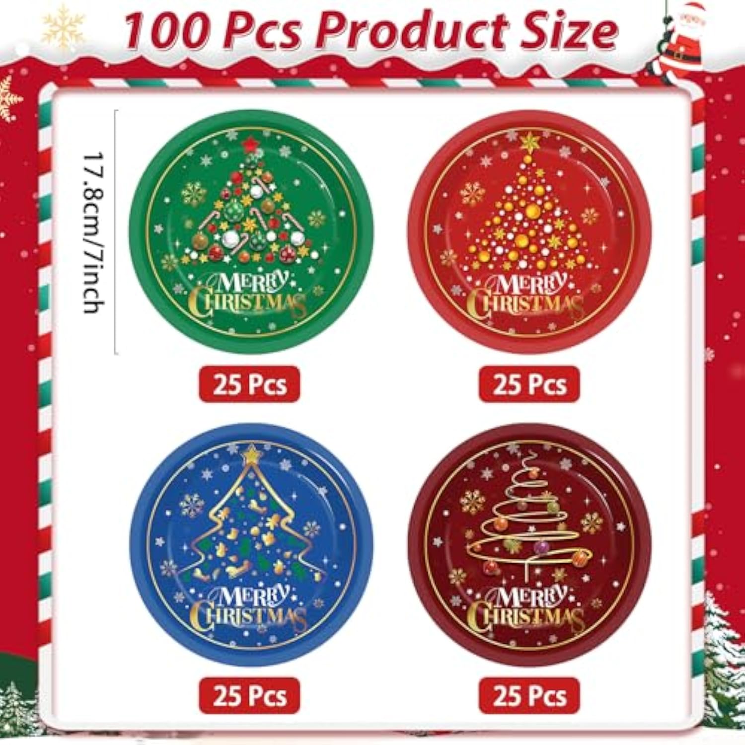 100 Pcs Christmas Tree Paper Plates Party Decorations Xmas Winter Plates 7Inch Disposable Merry Christmas Red Green Blue Snowflake Dinner Plates Tableware Set For Holiday New Year Party Supplies
