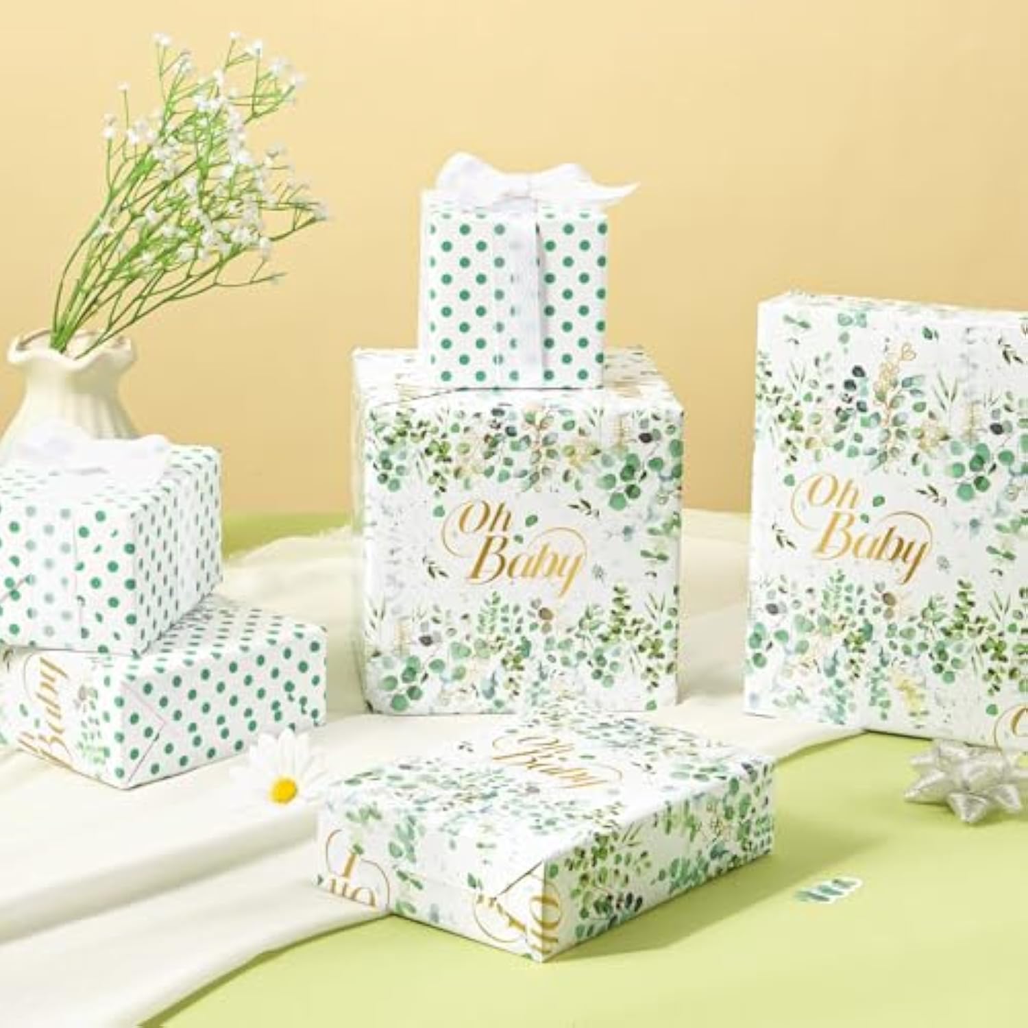 Sage Green Wrapping Paper Roll - 1 Roll 17”X 33 Ft Baby Shower Wrapping Paper Green Flower Floral Gift Packing Supply Wedding Bridal Shower Wrap Decor Favor For Baby Girls Birthday Festival Party