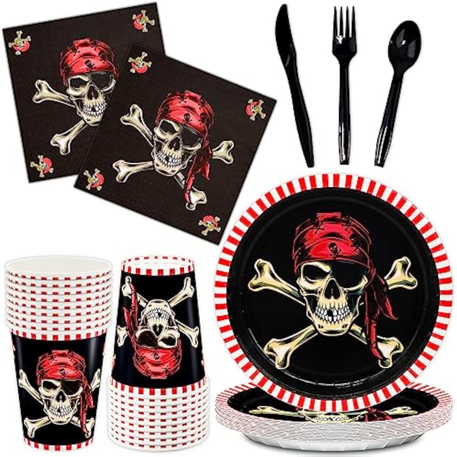 Pirate Party Supplies, Red Pirate Themed Party Decorations Skull Corssbone Pirate Birthday Party Favors For Kids Boys Tableware Set, 9 Inch Paper Plates Napkins Cups Cutlery, Serves 24, 144Pcs