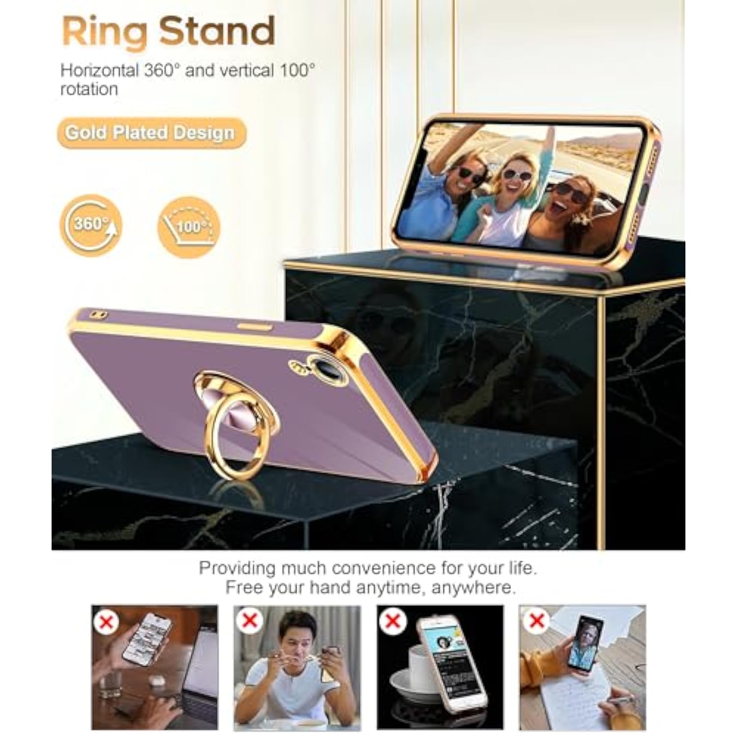 For Iphone Xr Case: With Tempered Glass Screen Protector [2 Pack] 360° Rotatable Ring Holder Magnetic Kickstand, Plating Rose Gold Edge For Iphone 10 Xr Case, Purple