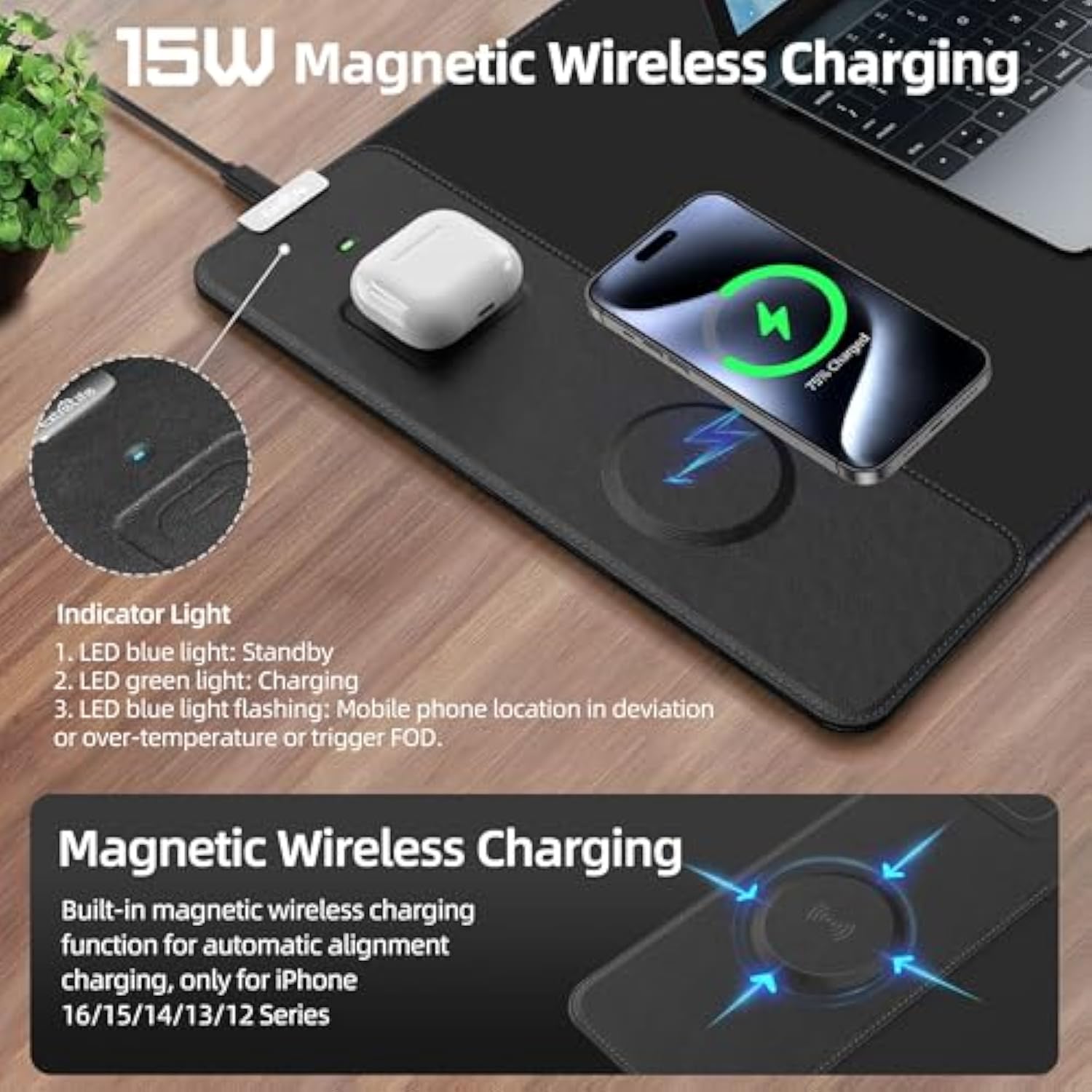 Mouse Pad With Wireless Charging, Gaming Mouse Pad With Ultra-Smooth Surface, Large Xxl Desk Mat, Non-Slip Mouse Mat, Waterproof Computer Keyboard Pad For Gaming, Desk, Office, Pc, 800X300X4Mm, Black