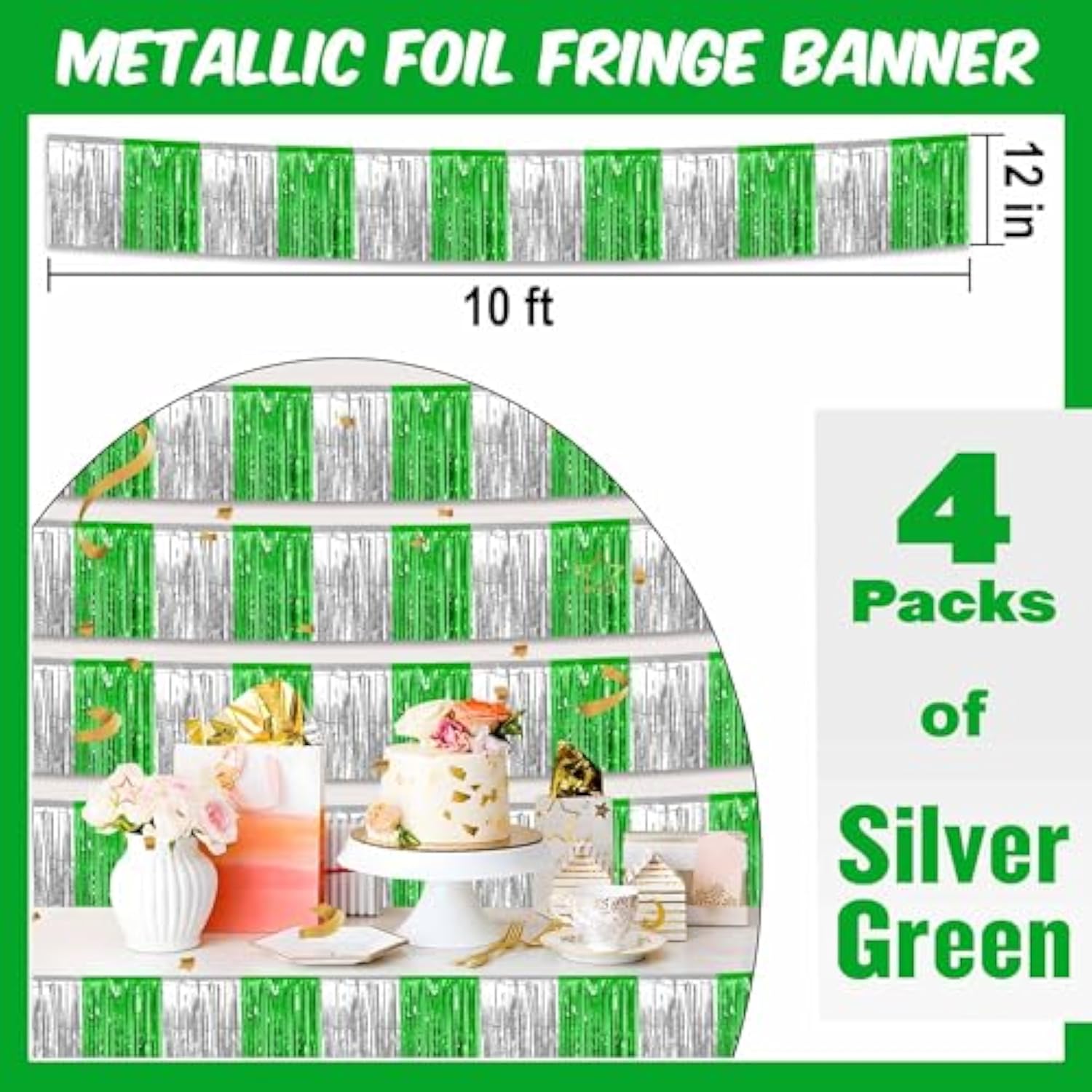 4 Pack 10 Ft Silver Green Foil Fringe Garland Metallic Streamers Tinsel Banner Wall Hanging Garland Backdrop For Parade Floats, Halloween, Christmas, Thanksgiving, New Year Party Decorations
